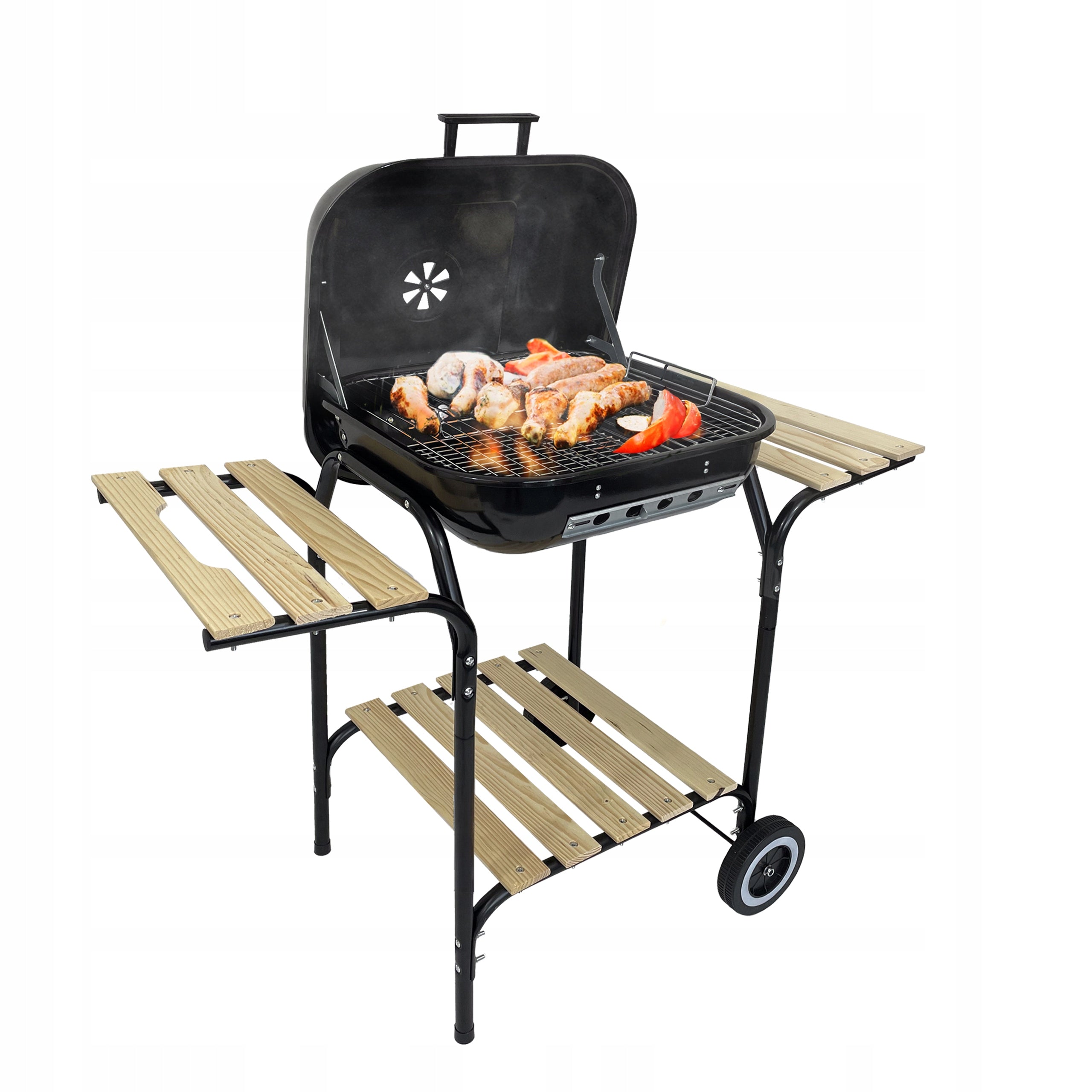CHARCOAL GARDEN GRILL PORTABLE ON WHEELS LID WITH 3 SHELVES