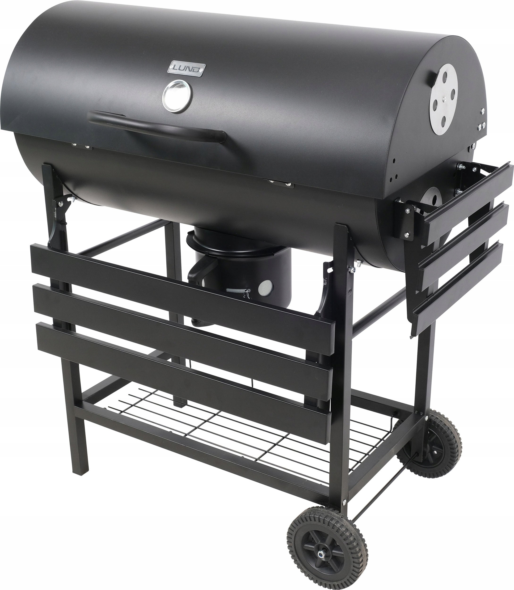 CHARCOAL GARDEN GRILL WITH LID AND SHELVES BLACK 71 x 35 cm LUND Grill height 94 cm