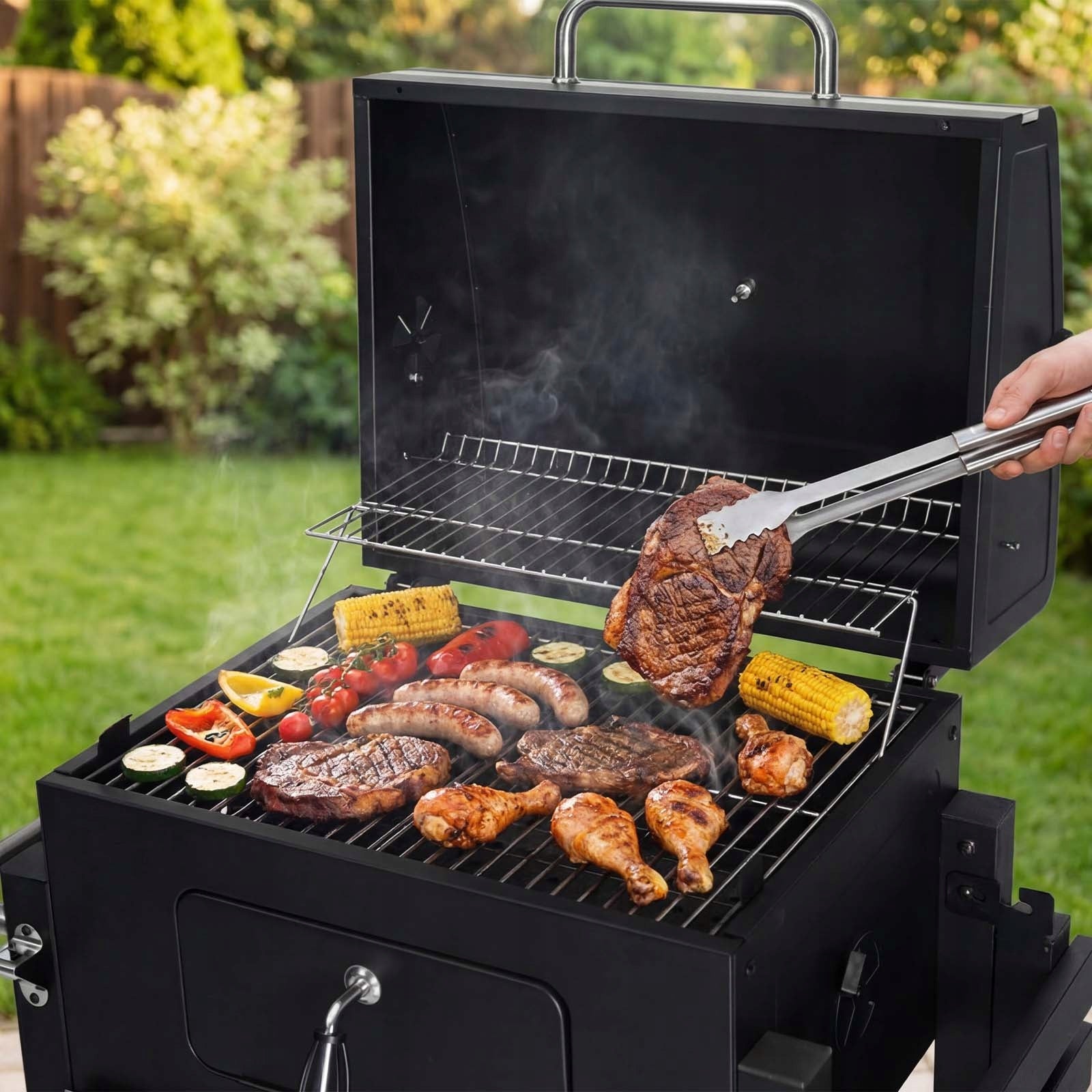 CHARCOAL GARDEN GRILL WITH LID LARGE WITH SHELF WITH THERMOMETER BLACK RUGIA Grate length 57 cm