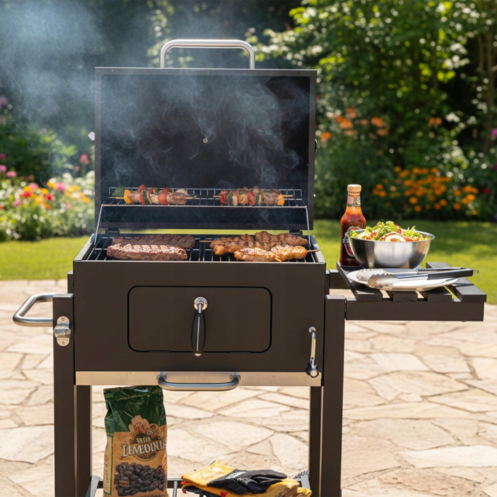CHARCOAL GARDEN GRILL WITH LID LARGE WITH SHELF WITH THERMOMETER BLACK RUGIA Grill depth 56 cm