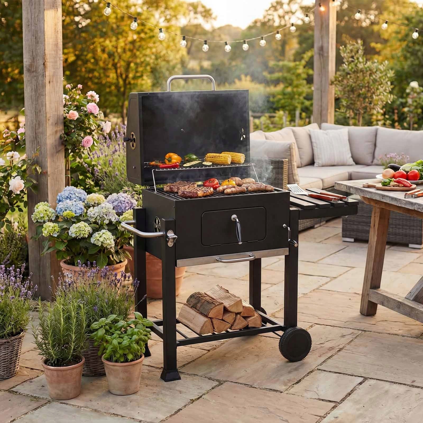 CHARCOAL GARDEN GRILL WITH LID LARGE WITH SHELF WITH THERMOMETER BLACK RUGIA Manufacturer code RUGIA