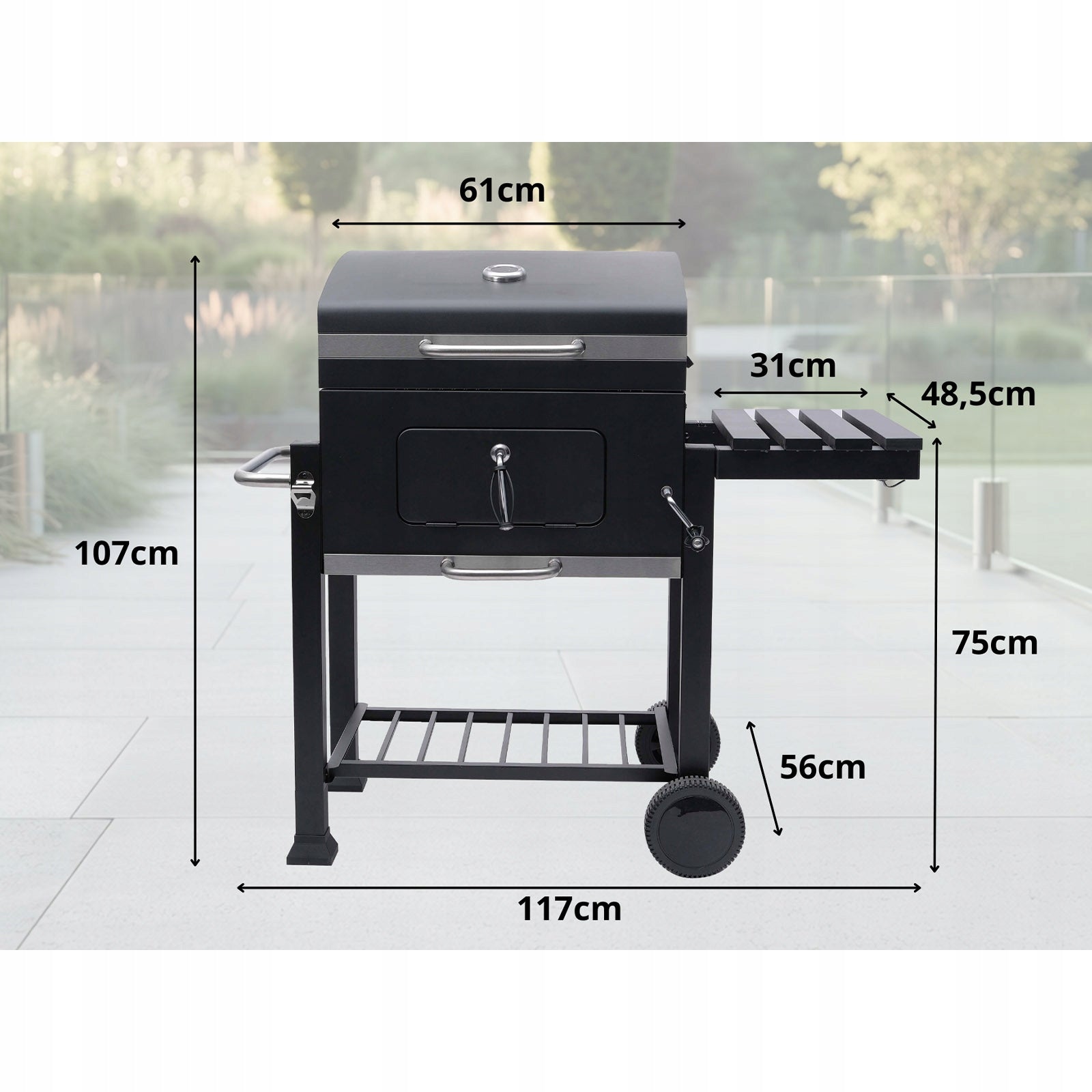 CHARCOAL GARDEN GRILL WITH LID LARGE WITH SHELF WITH THERMOMETER BLACK RUGIA Manufacturer no brand