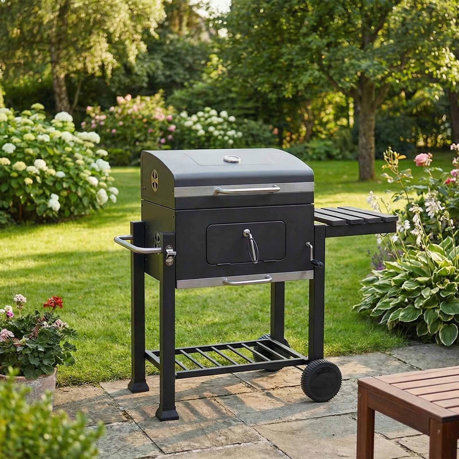 CHARCOAL GARDEN GRILL WITH LID LARGE WITH SHELF WITH THERMOMETER BLACK RUGIA Packaging status original