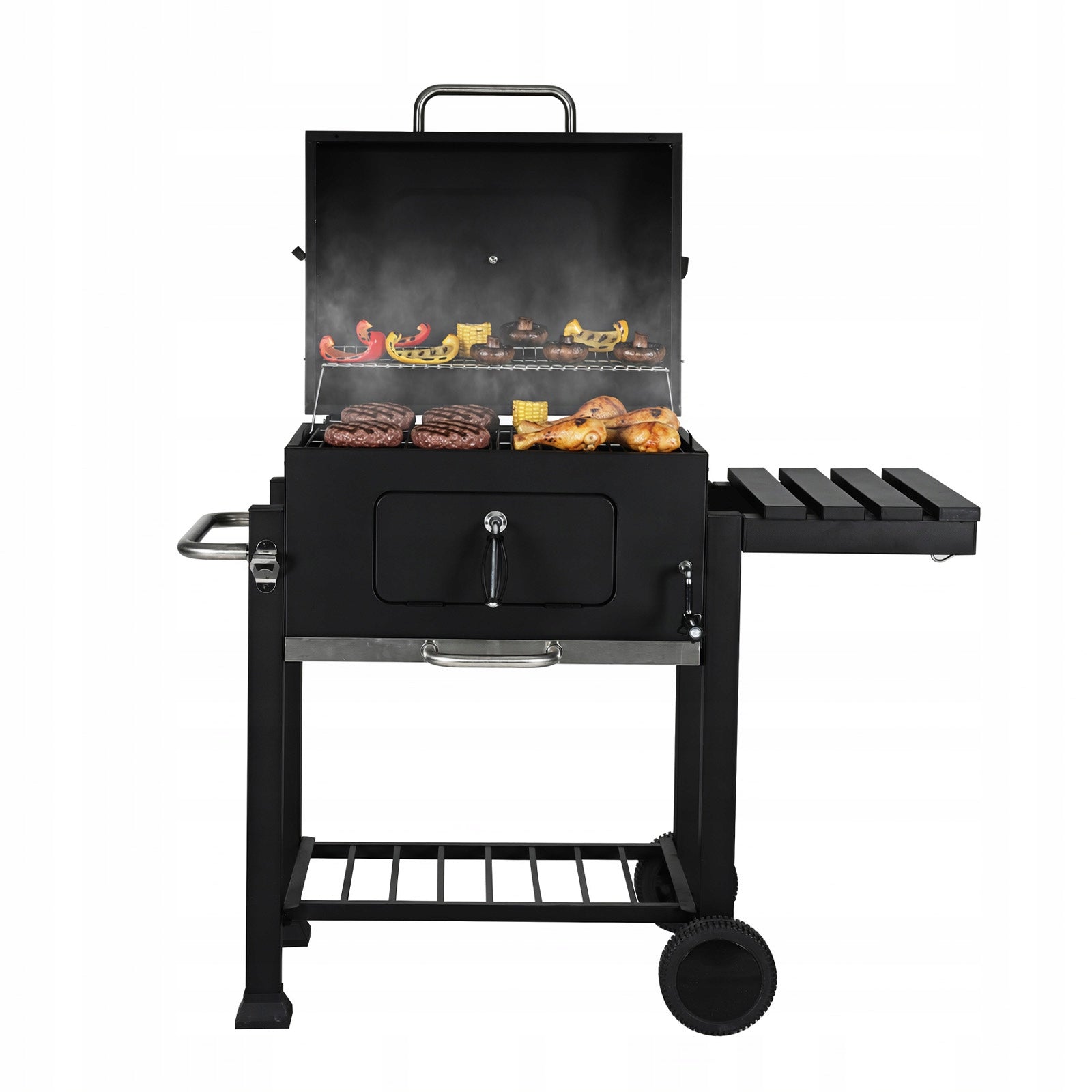 CHARCOAL GARDEN GRILL WITH LID LARGE WITH SHELF WITH THERMOMETER BLACK RUGIA