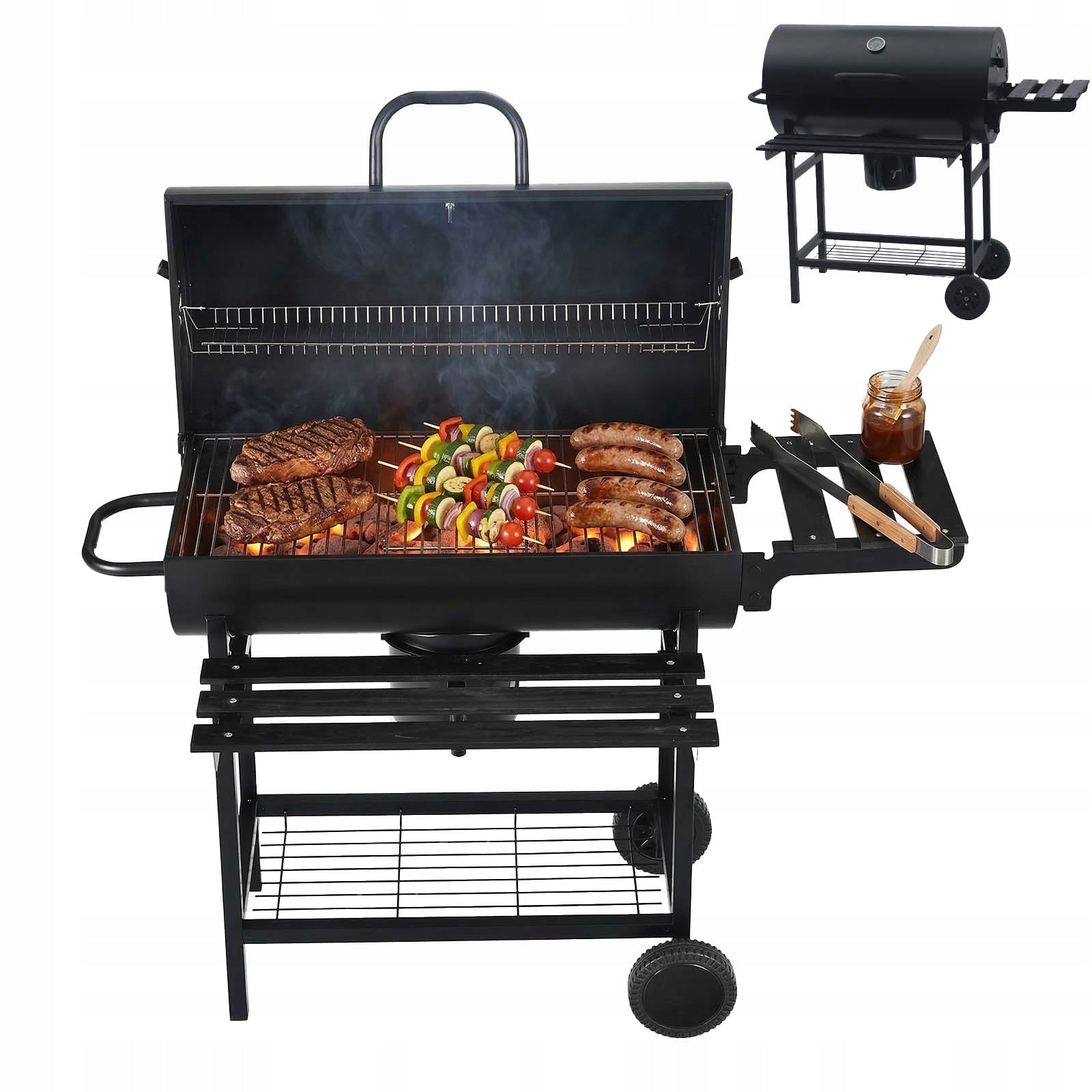 CHARCOAL GARDEN GRILL WITH LID LARGE WITH SHELVES ASHTRAY BLACK GRAND