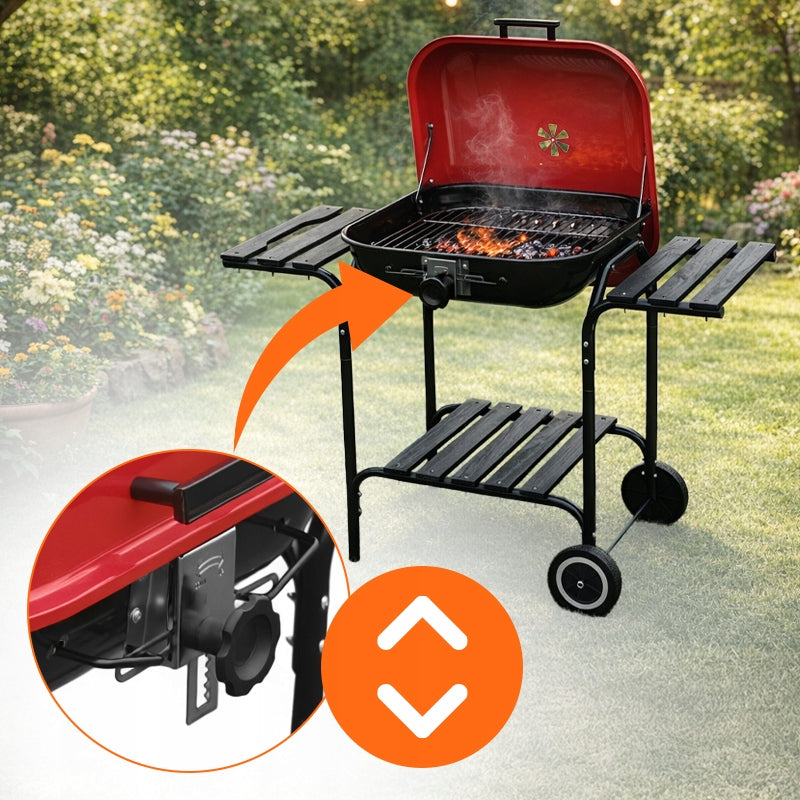 CHARCOAL GARDEN GRILL WITH LID RED BLACK GRATE HEIGHT ADJUSTMENT Grate width 51 cm