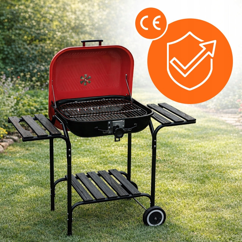 CHARCOAL GARDEN GRILL WITH LID RED BLACK GRATE HEIGHT ADJUSTMENT Weight 8.5 kg