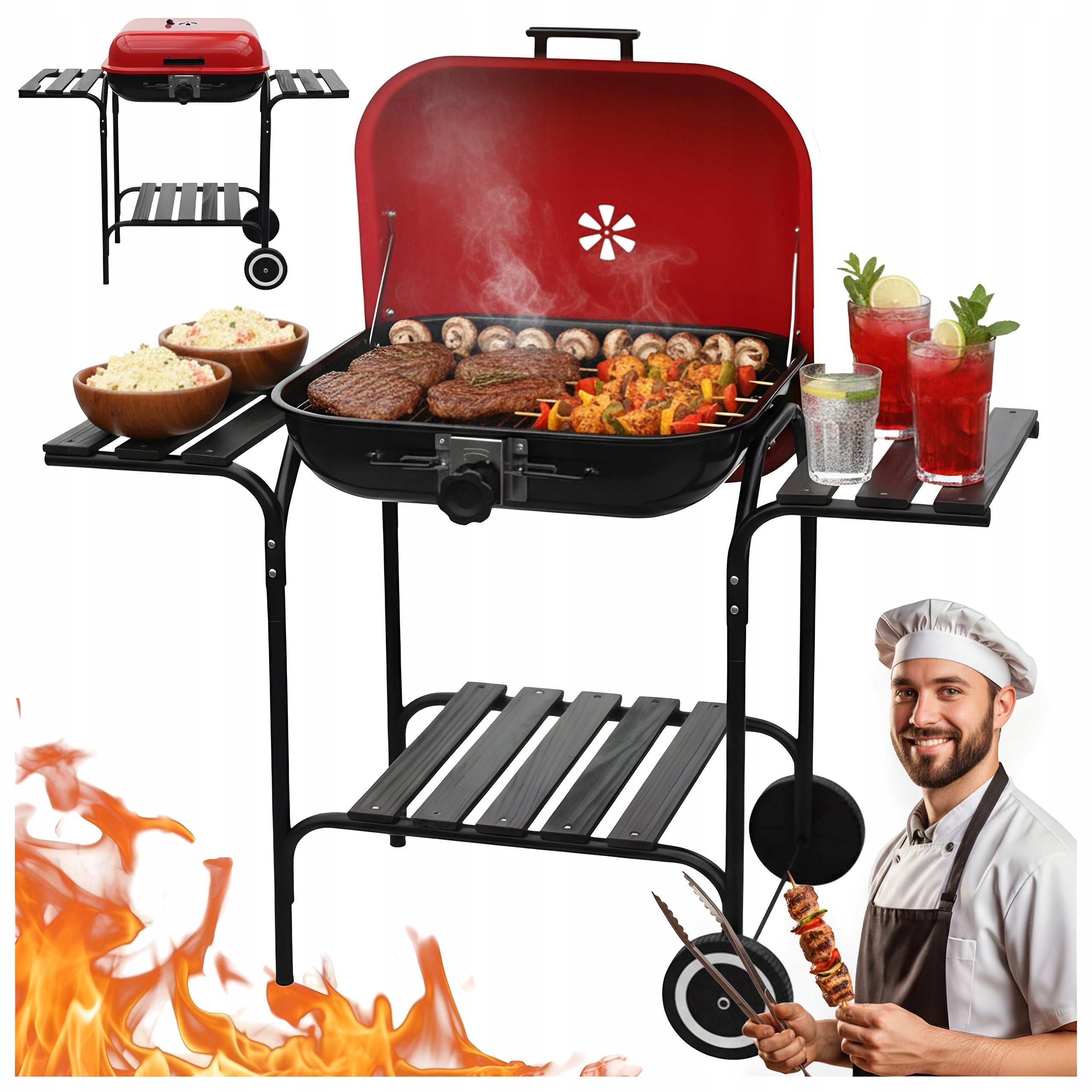 CHARCOAL GARDEN GRILL WITH LID RED BLACK GRATE HEIGHT ADJUSTMENT