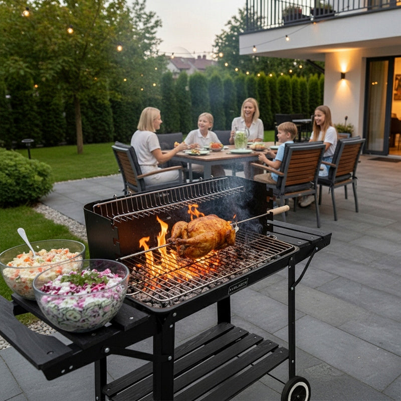 CHARCOAL GRILL BLACK FOR GARDEN LARGE GRATE STEEL CIRCLES + CHICKEN SPIT Grill width 94 cm