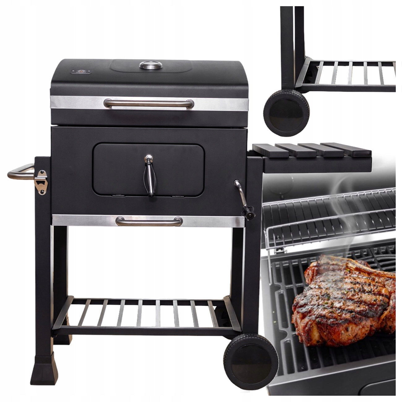 CHARCOAL GRILL CAST IRON GARDEN GRATE WITH COVER WITH THERMOMETER 113,5x50x107CM