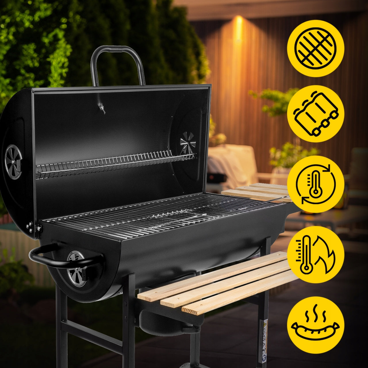 CHARCOAL GRILL GARDEN BARREL 3 CHROME GRATES ASHTRAY THERMOMETER WHEELS Grill width 75.5 cm