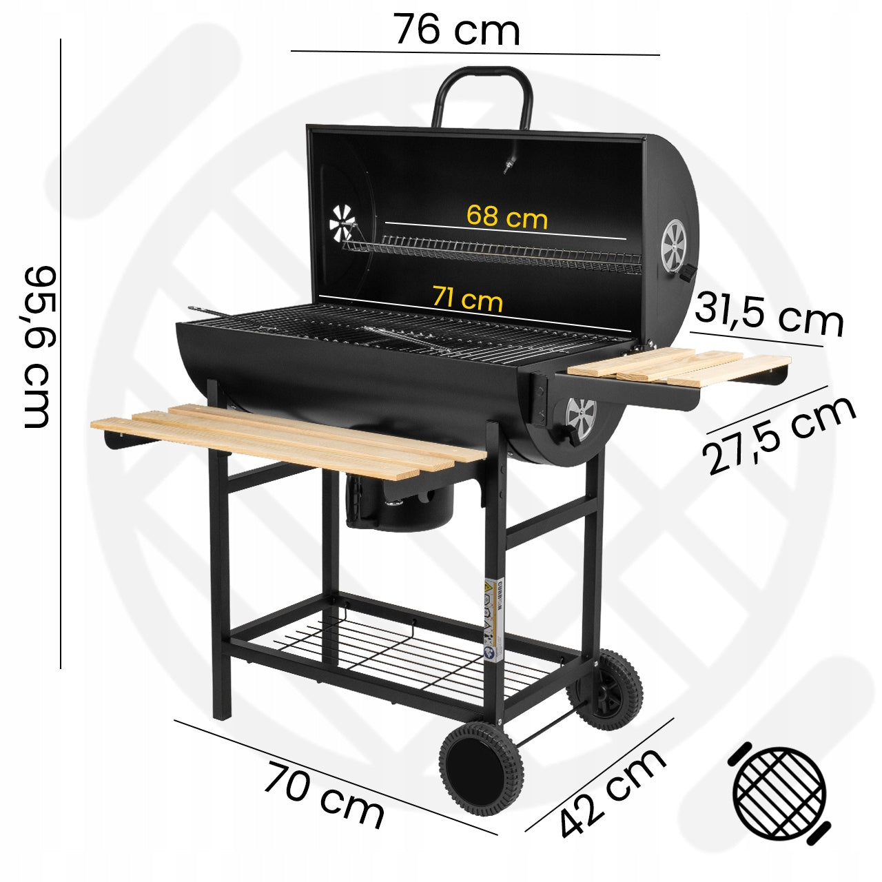 CHARCOAL GRILL GARDEN BARREL 3 CHROME GRATES ASHTRAY THERMOMETER WHEELS Packaging status original