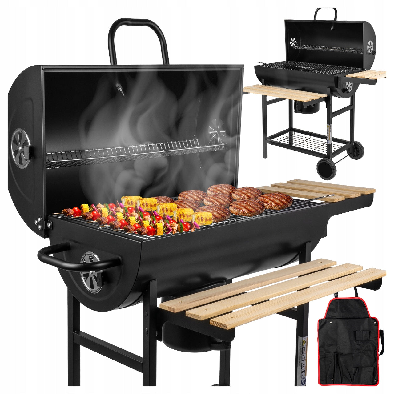 CHARCOAL GRILL GARDEN BARREL 3 CHROME GRATES ASHTRAY THERMOMETER WHEELS