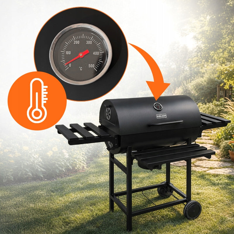 CHARCOAL GRILL GARDEN BARREL LARGE LOCKABLE 2 GRATES ASHTRAY 3 GRILL TOPS Grill height 96 cm