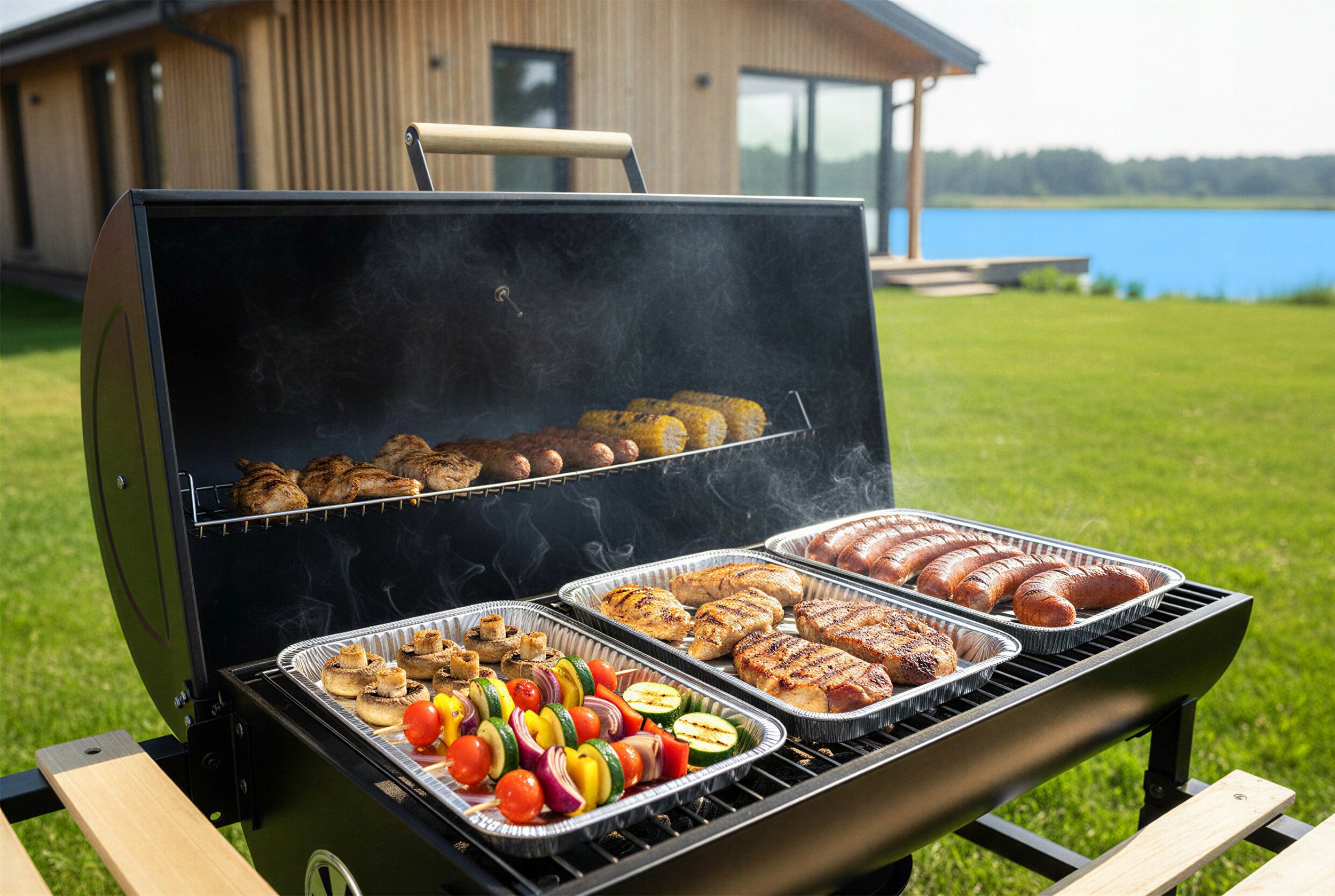 CHARCOAL GRILL GARDEN BARREL WITH CHIMNEY XXL SHELVES + THERMOMETER + ASHTRAY Manufacturer code 389500
