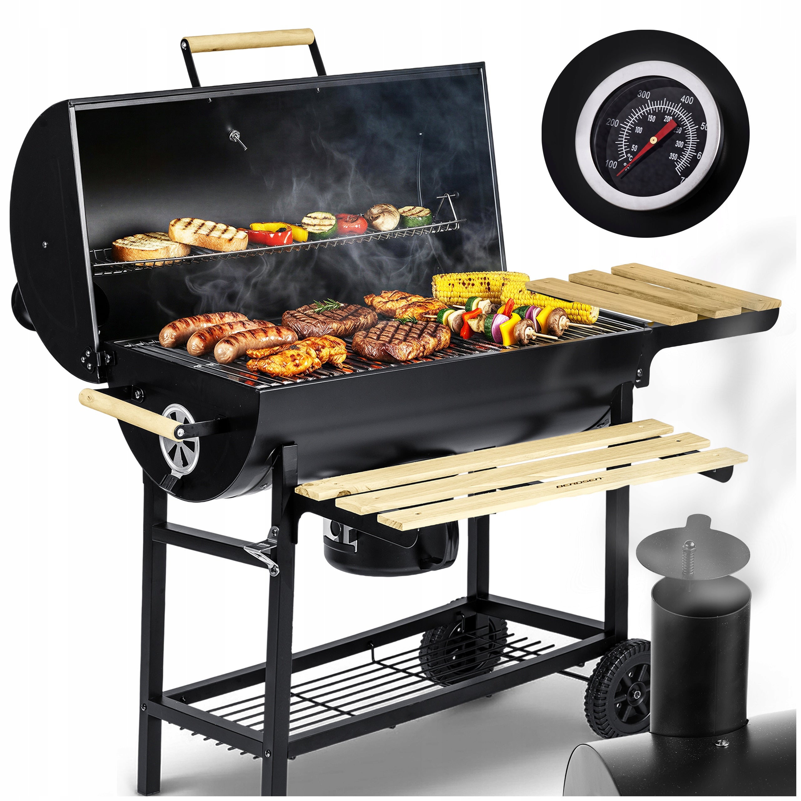 CHARCOAL GRILL GARDEN BARREL WITH CHIMNEY XXL SHELVES + THERMOMETER + ASHTRAY