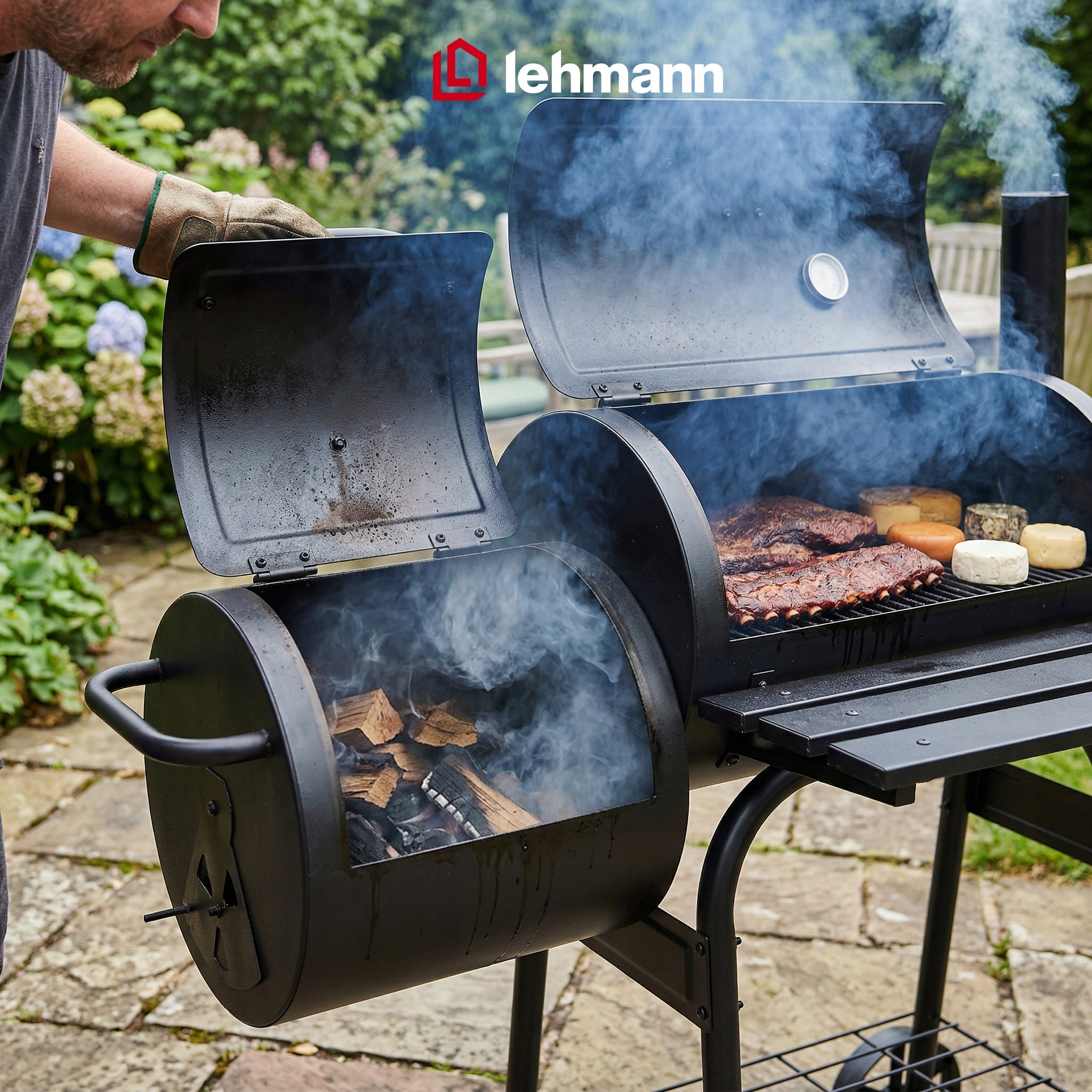 CHARCOAL GRILL GARDEN BARREL WITH SMOKEHOUSE THERMOMETER LARGE GRATE SHELF CHIMNEY Grill height 113 cm
