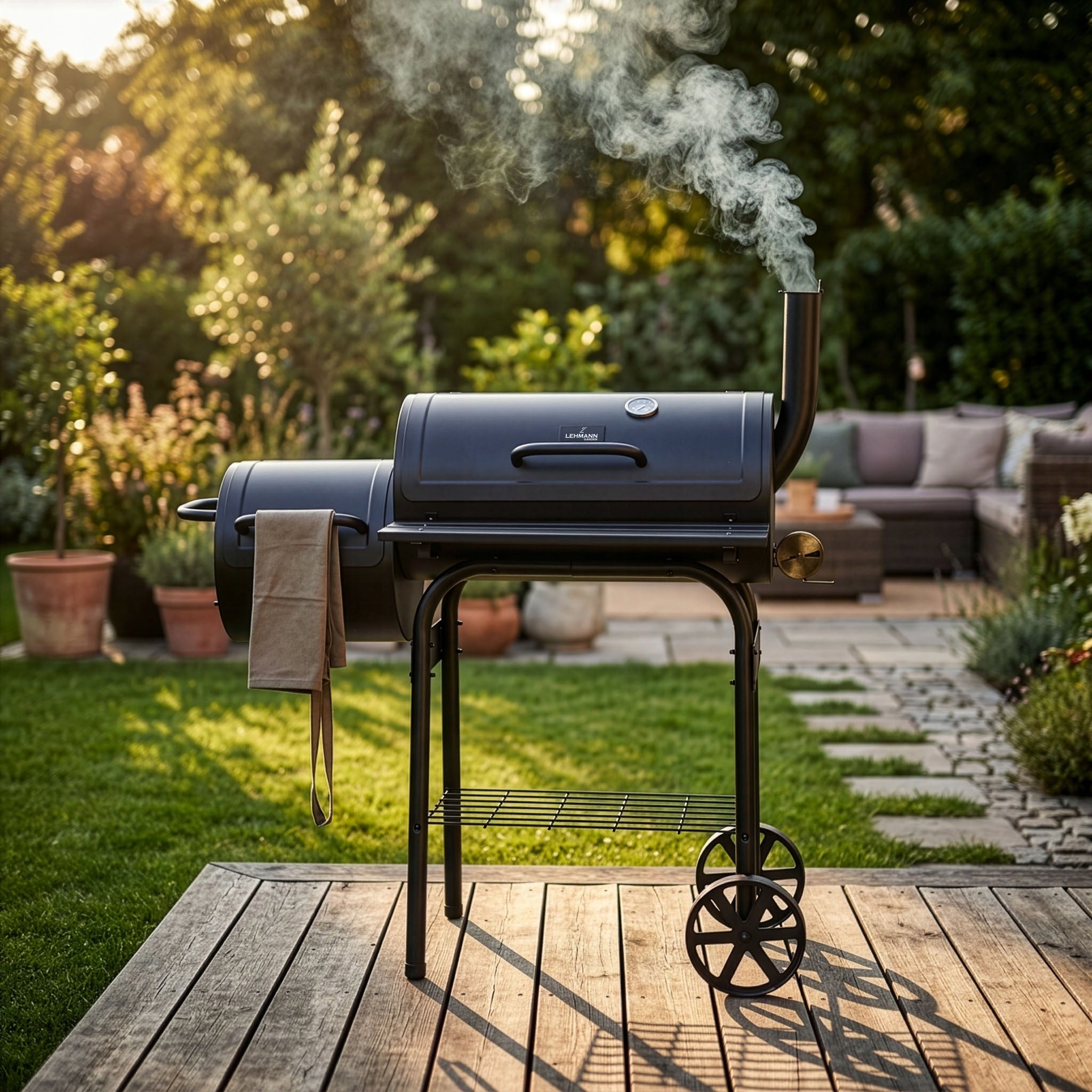 CHARCOAL GRILL GARDEN BARREL WITH SMOKEHOUSE THERMOMETER LARGE GRATE SHELF CHIMNEY Packaging status original