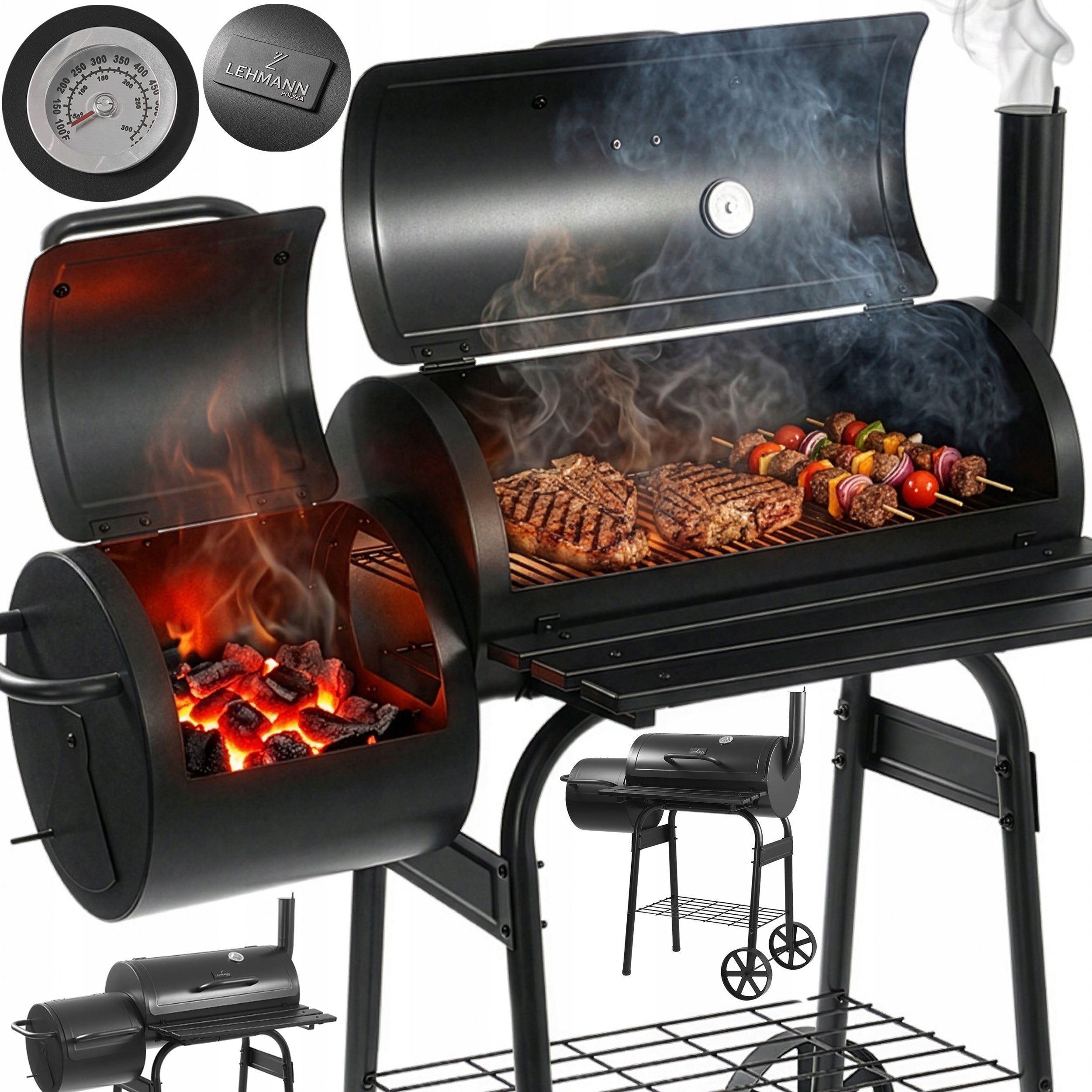 CHARCOAL GRILL GARDEN BARREL WITH SMOKEHOUSE THERMOMETER LARGE GRATE SHELF CHIMNEY