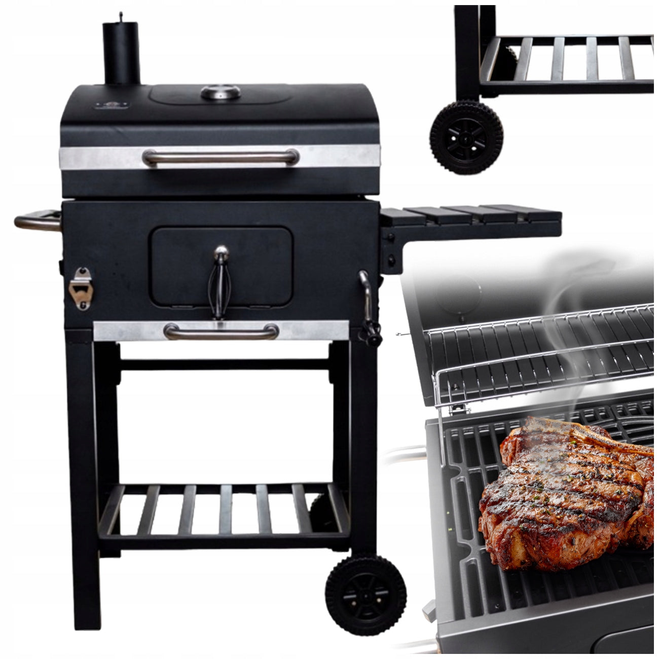 CHARCOAL GRILL GARDEN CAST IRON GRATE LOCKABLE CHIMNEY WITH THERMOMETER ASHTRAY