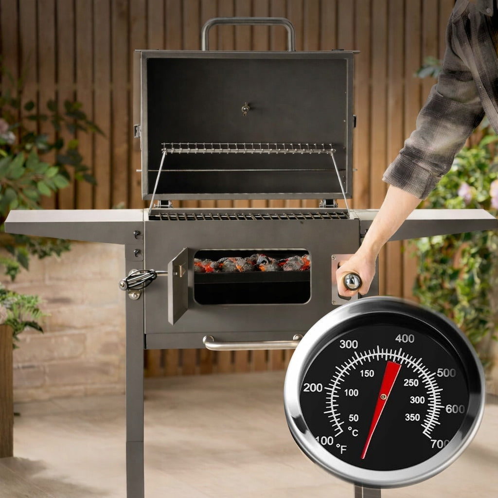 CHARCOAL GRILL GARDEN CAST IRON GRATE WITH ASHTRAY COVER + THERMOMETER Grill height 96 cm