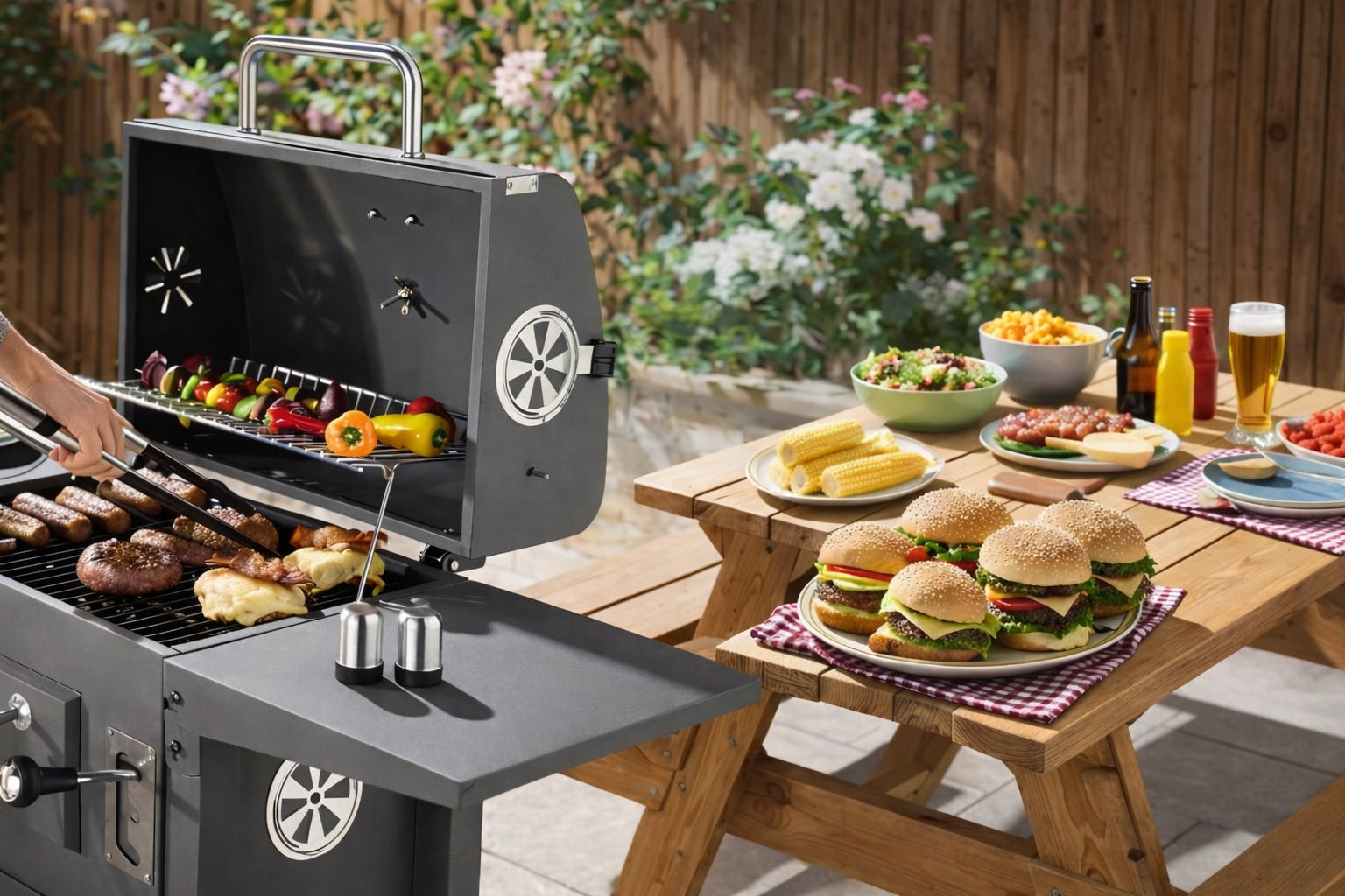 CHARCOAL GRILL GARDEN CAST IRON GRATE WITH ASHTRAY COVER + THERMOMETER Grill width 108 cm