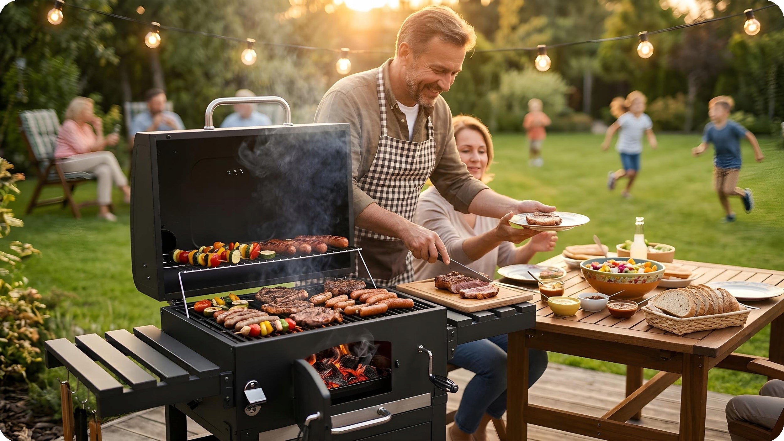 CHARCOAL GRILL GARDEN CHIMNEY CAST IRON GRATE WITH ASHTRAY COVER + THERMOMETER Grill height 122 cm
