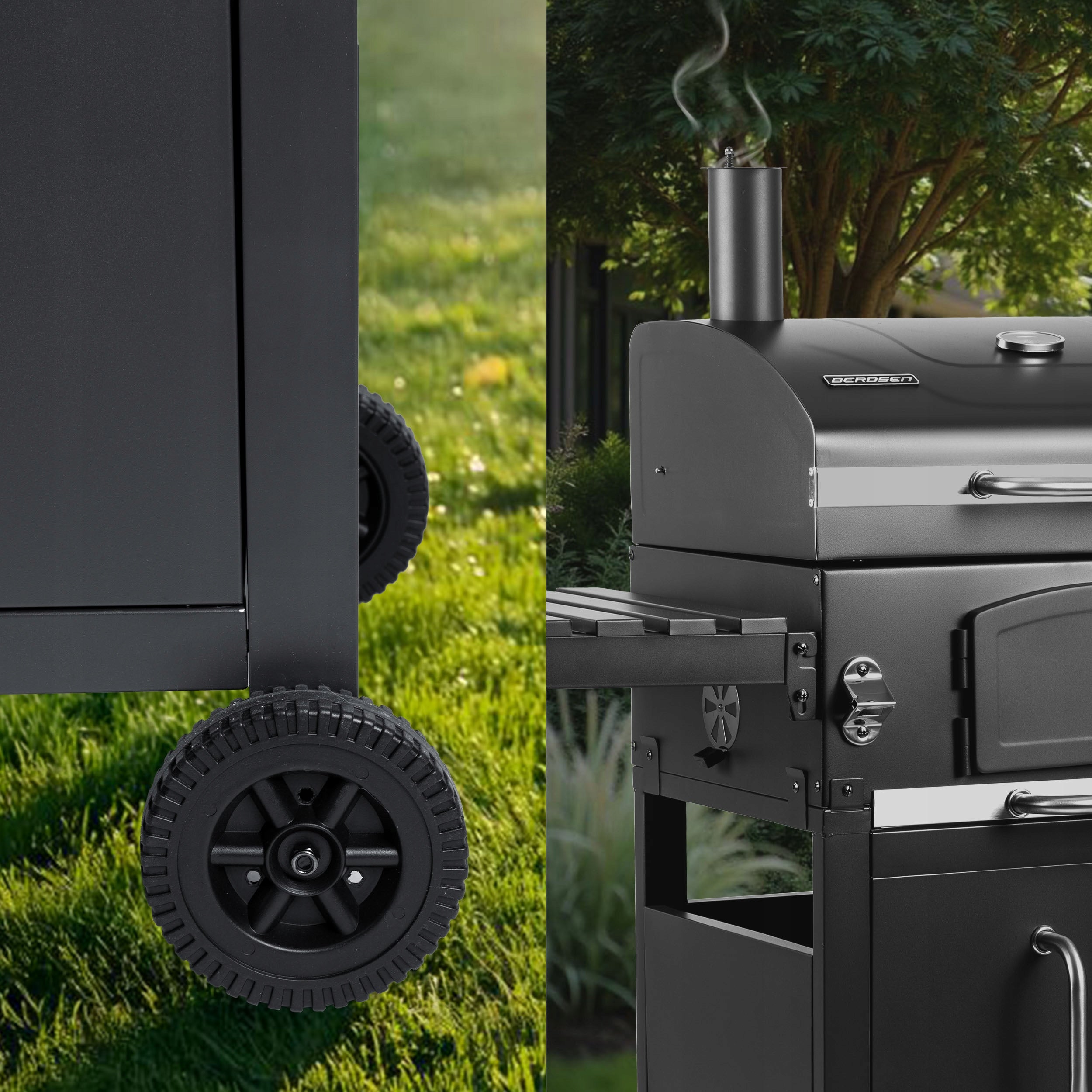 CHARCOAL GRILL GARDEN CHIMNEY CAST IRON GRATE WITH ASHTRAY COVER + THERMOMETER Manufacturer Berdsen