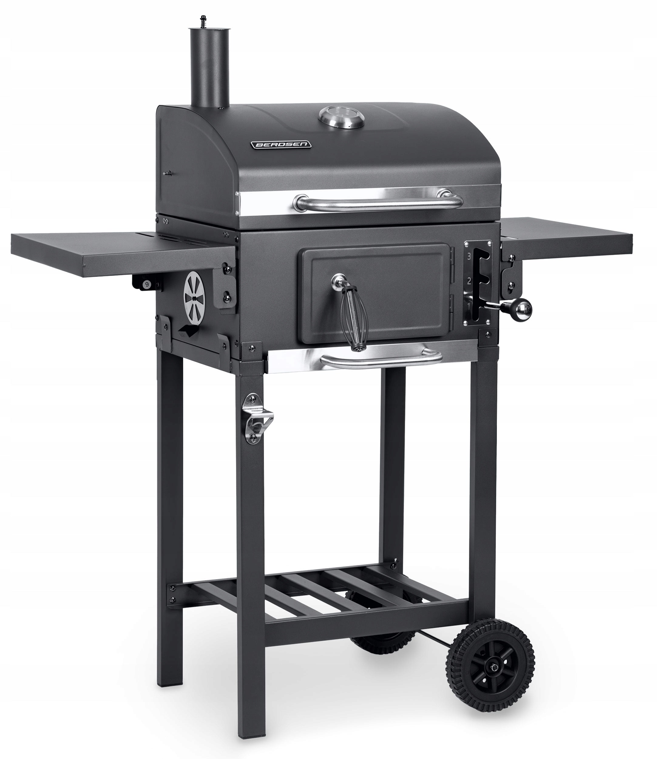 CHARCOAL GRILL GARDEN CHIMNEY CAST IRON GRATE WITH ASHTRAY COVER + THERMOMETER Packaging status original