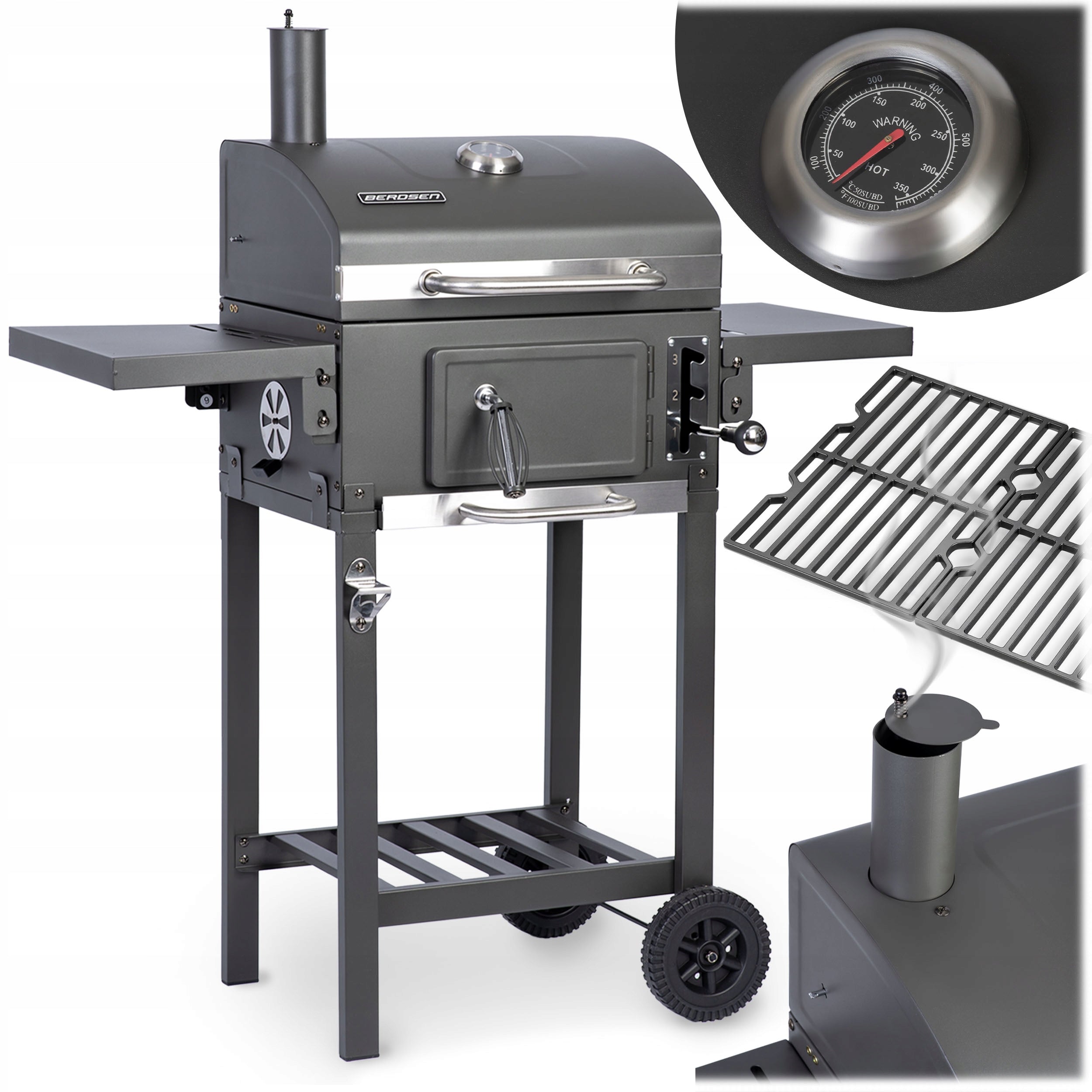 CHARCOAL GRILL GARDEN CHIMNEY CAST IRON GRATE WITH ASHTRAY COVER + THERMOMETER