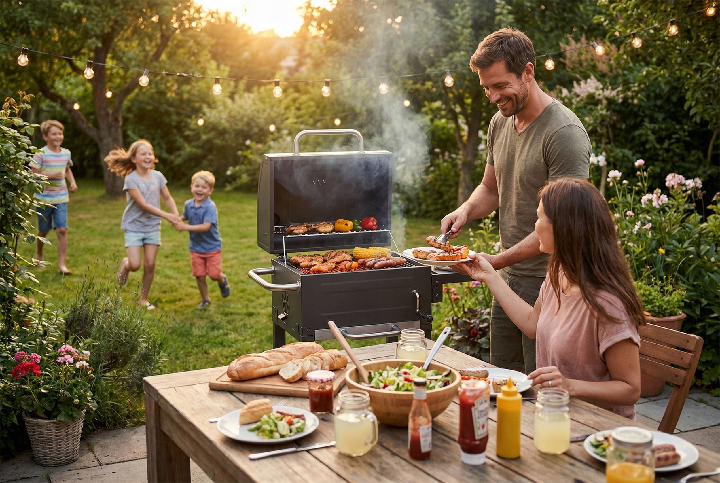 CHARCOAL GRILL GARDEN CHIMNEY STEEL GRATE 40 x 31,5 cm LARGE + THERMOMETER Grill height 108 cm
