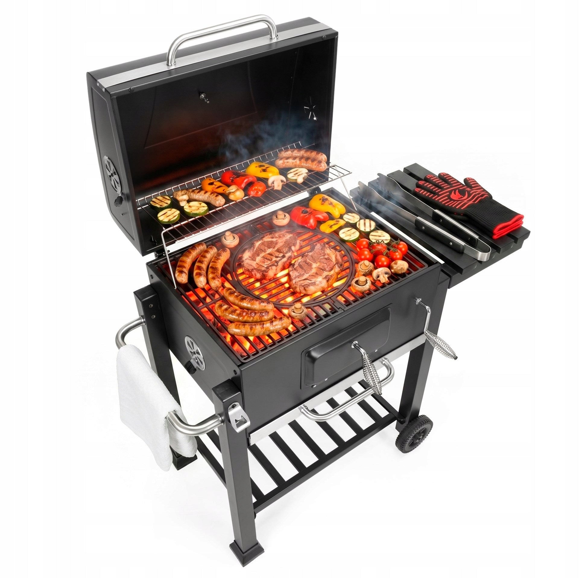 CHARCOAL GRILL GARDEN ENAMEL GRATE WITH COVER ASHTRAY +THERMOMETER XXL Grate width 42.5 cm