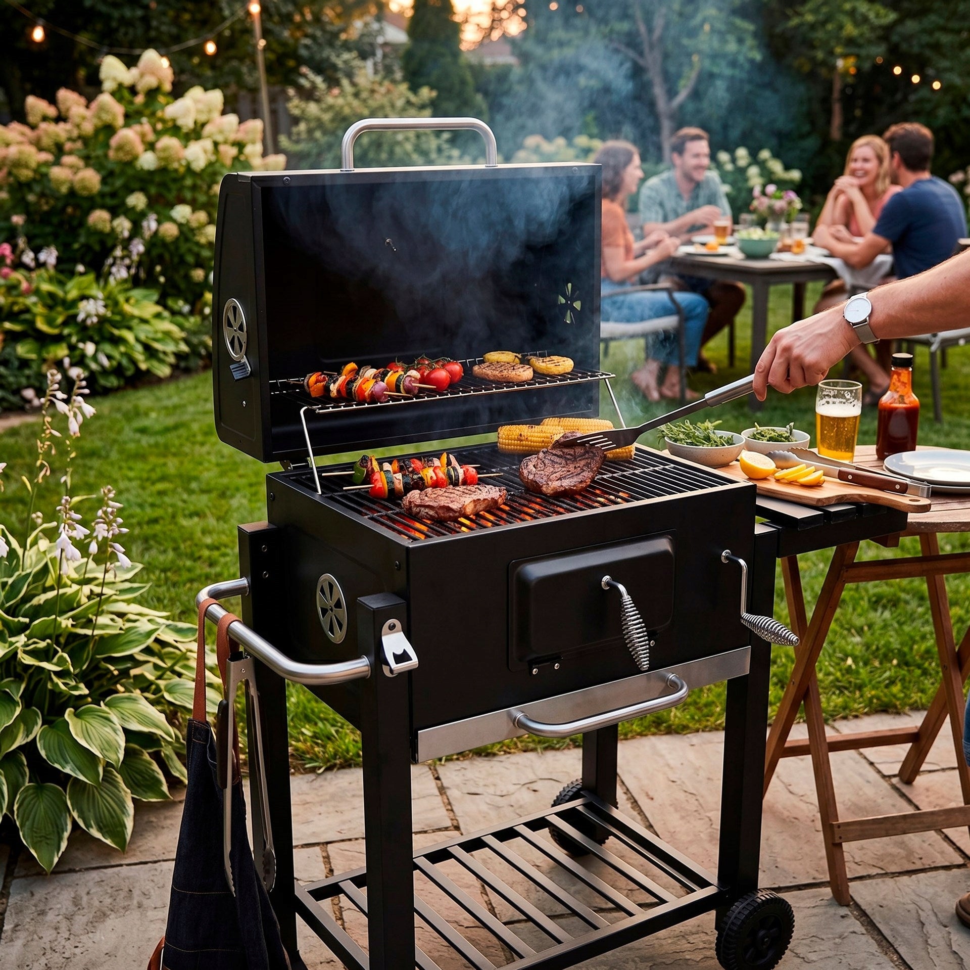 CHARCOAL GRILL GARDEN ENAMEL GRATE WITH COVER ASHTRAY +THERMOMETER XXL Grill width 114 cm
