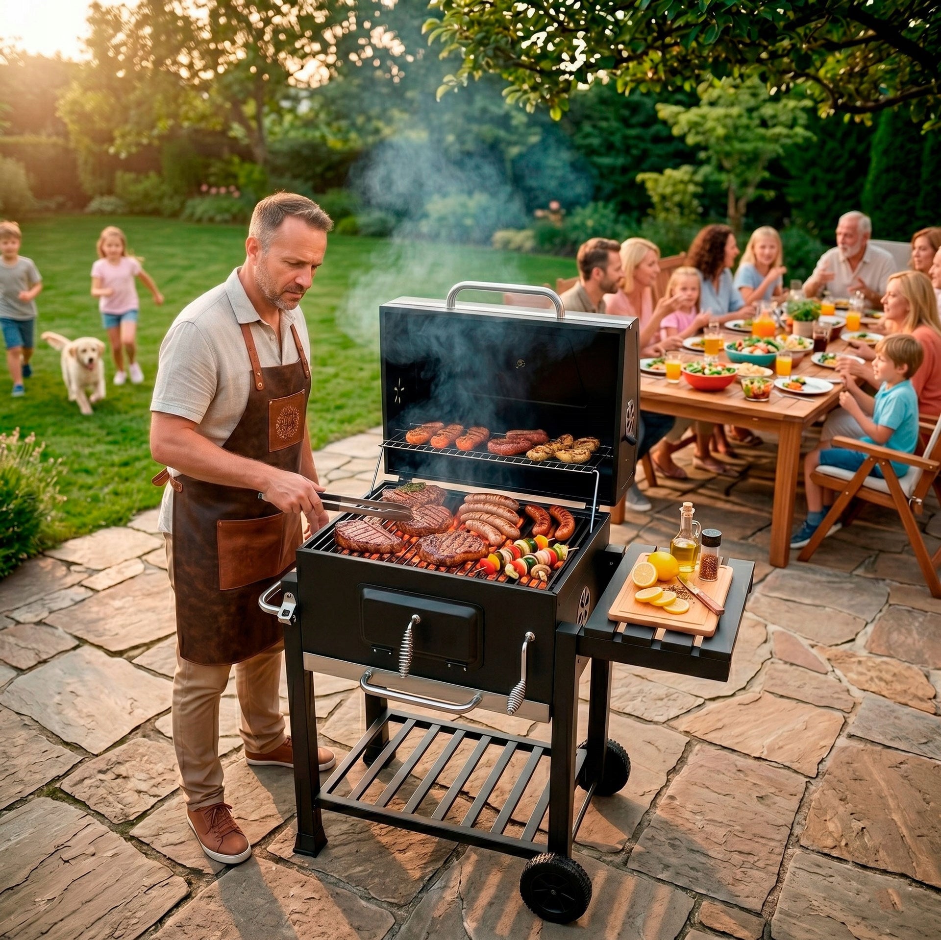 CHARCOAL GRILL GARDEN ENAMEL GRATE WITH COVER ASHTRAY +THERMOMETER XXL Packaging status original