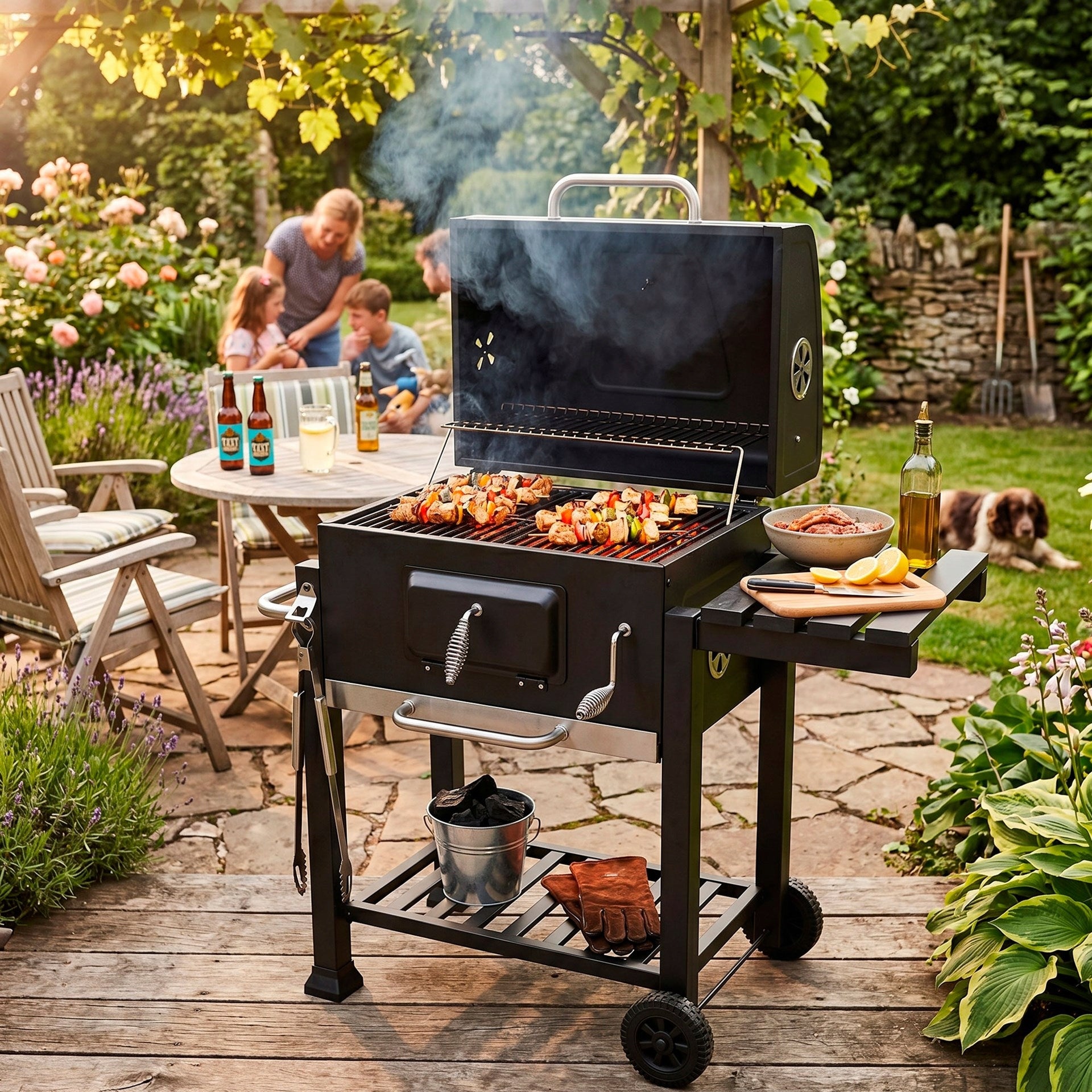 CHARCOAL GRILL GARDEN ENAMEL GRATE WITH COVER ASHTRAY +THERMOMETER XXL Type portable