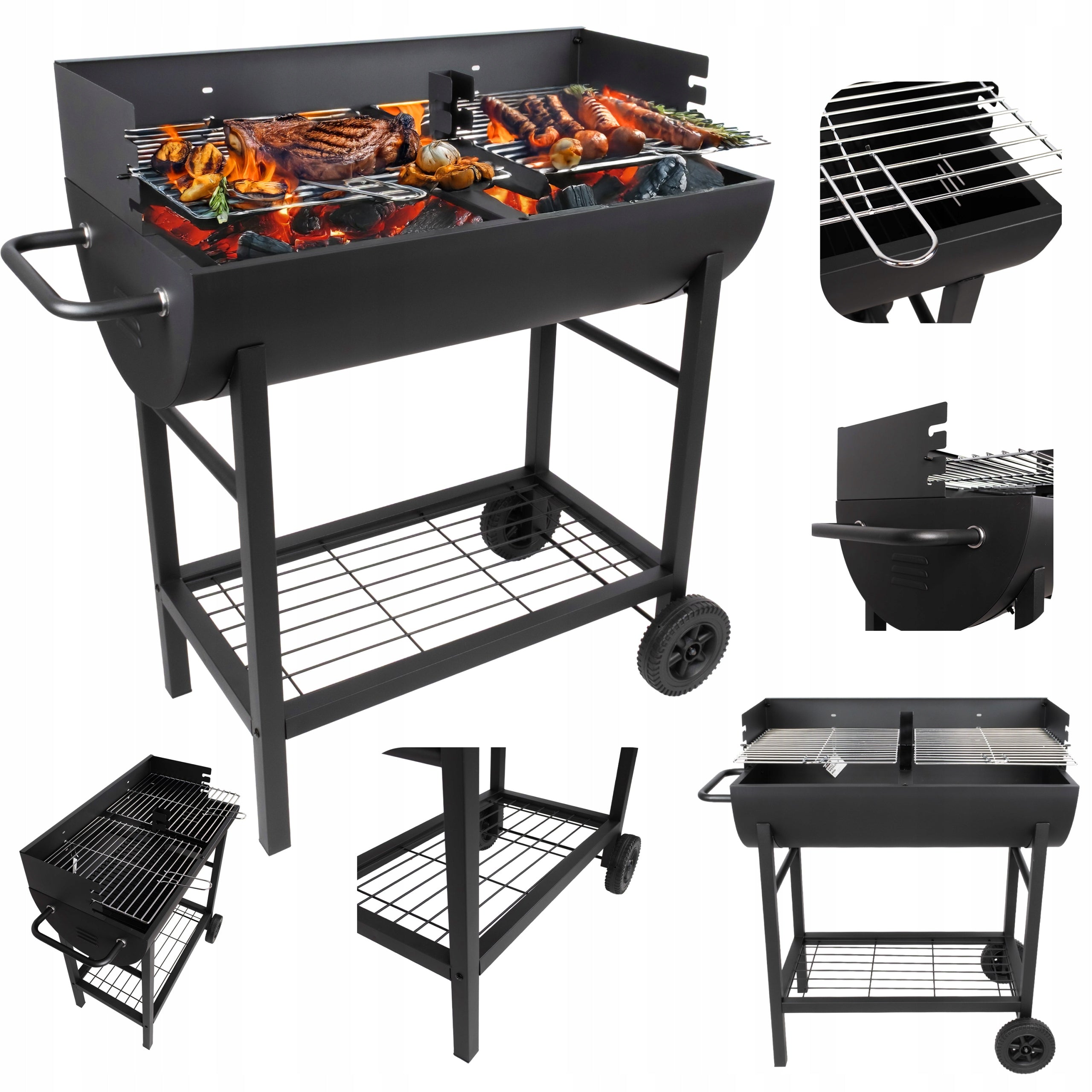 CHARCOAL GRILL GARDEN GRATE CHROME PLATED LARGE PORTABLE RECTANGULAR WHEELS