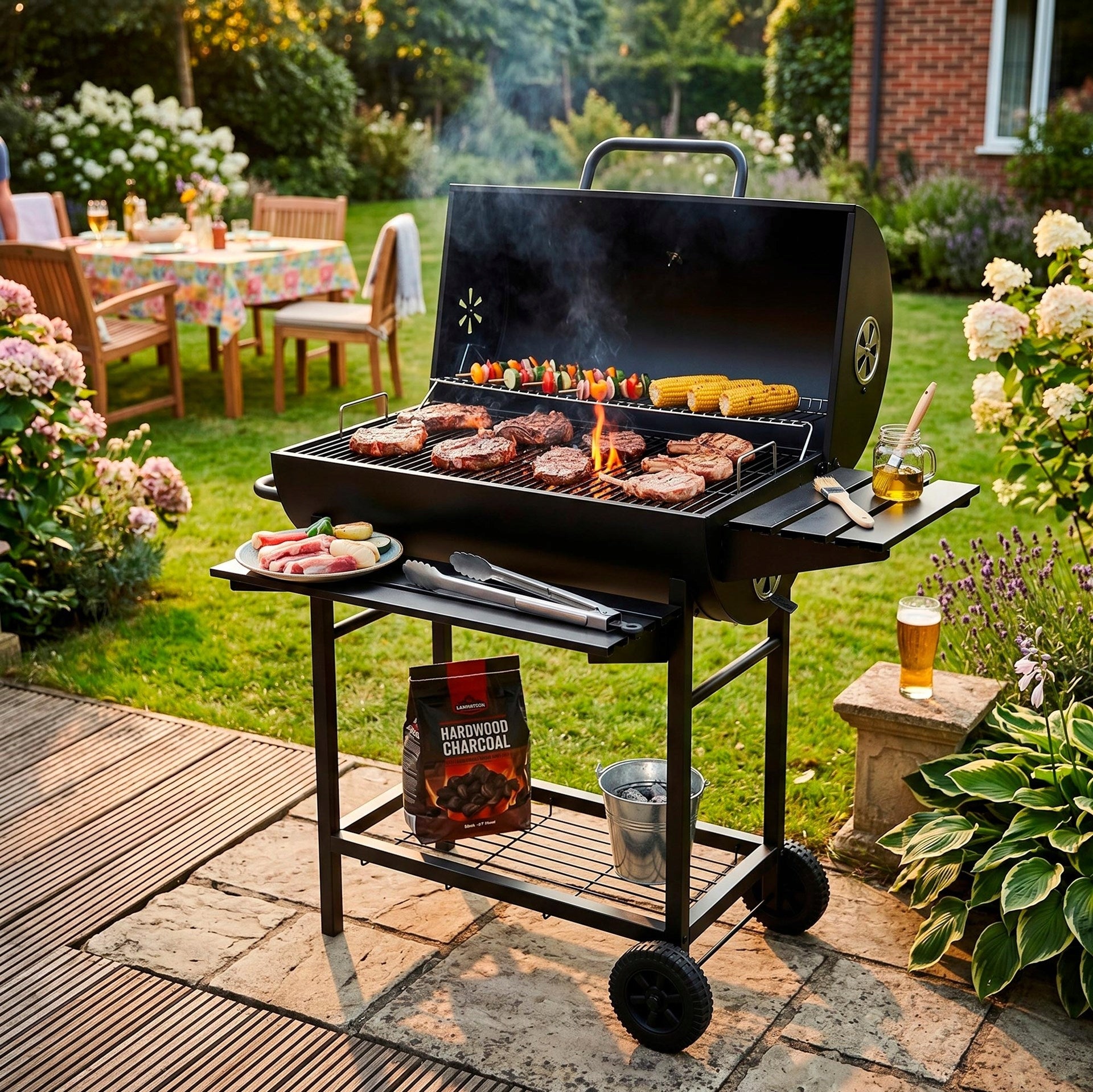 CHARCOAL GRILL GARDEN GRATE WITH LID BARREL THERMOMETER ON WHEELS LOCKABLE Type portable
