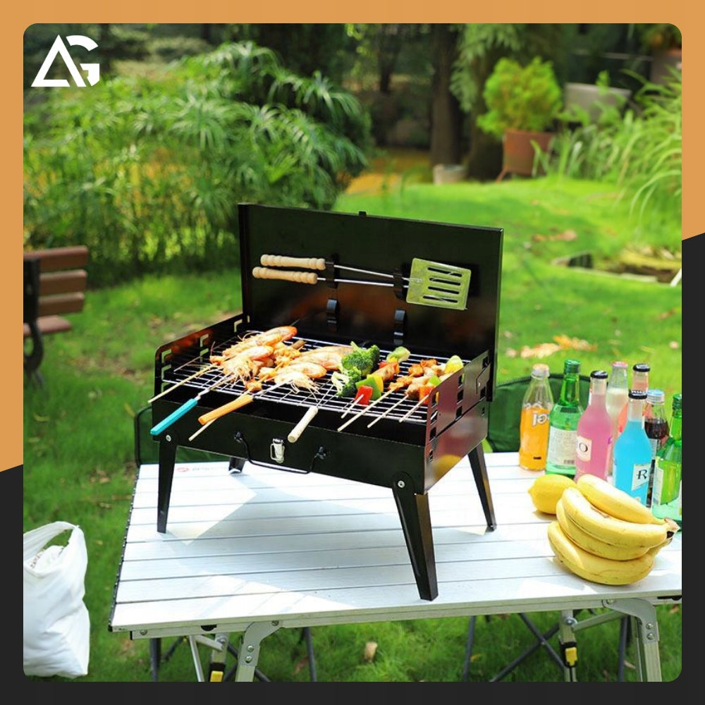 CHARCOAL GRILL GARDEN HIKING SUITCASE PORTABLE FOLDING BBQ ACCESSORIES Grill height 46 cm
