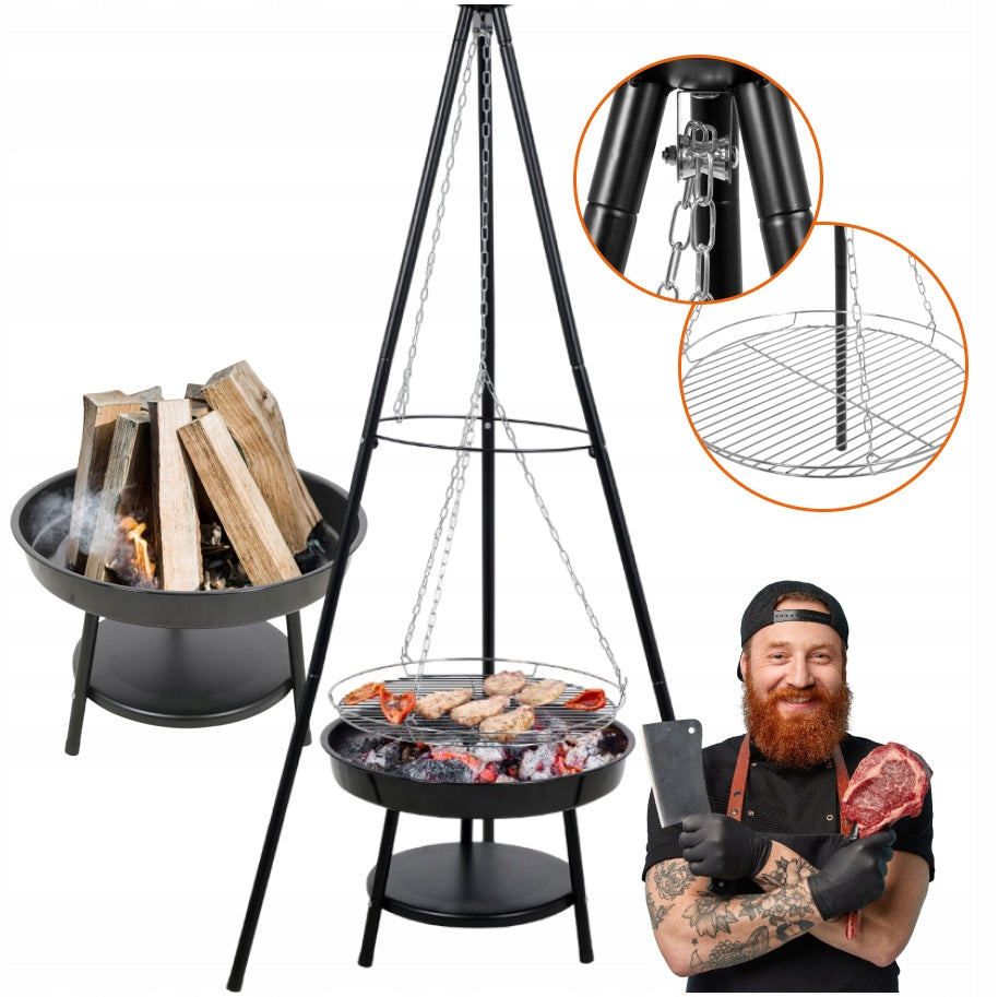 CHARCOAL GRILL GARDEN TRIPOD HEARTH CHROME HANGING GRATE 46CM