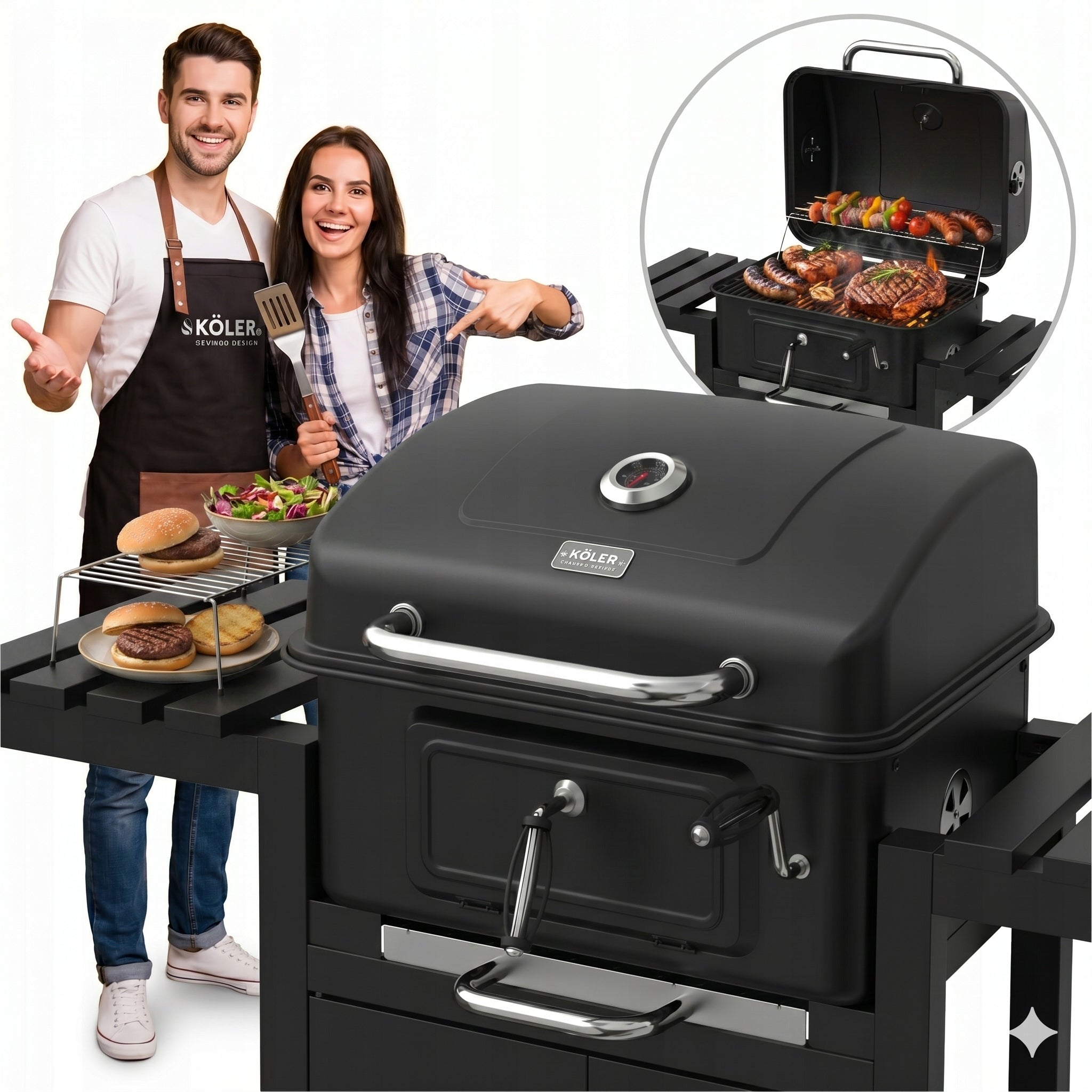 CHARCOAL GRILL KOLER EMBER 42,5X58 CM LARGE CLOSED WITH THERMOMETER