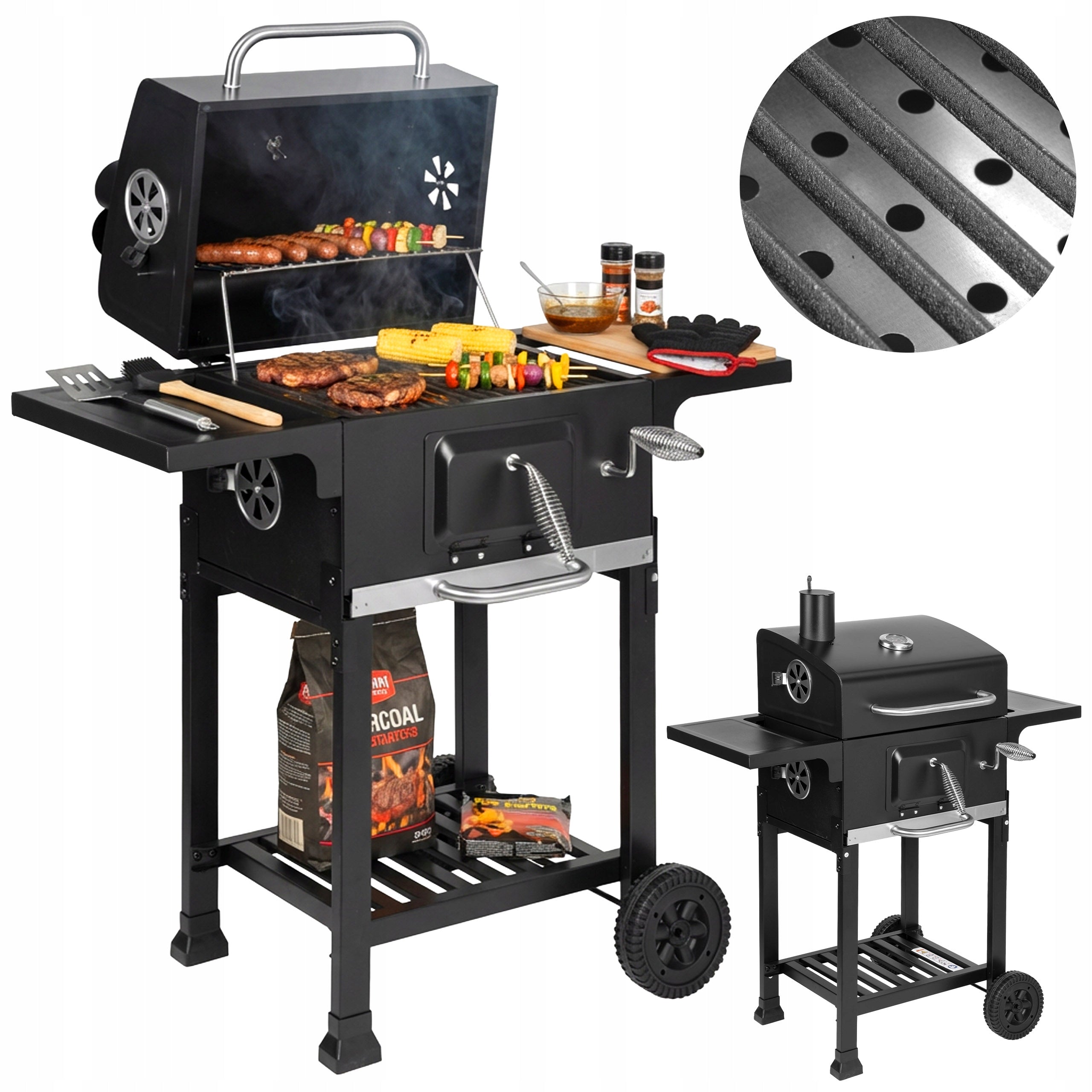CHARCOAL GRILL LARGE CAST IRON GARDEN GRATE WITH ASHTRAY COVER + THERMOMETER