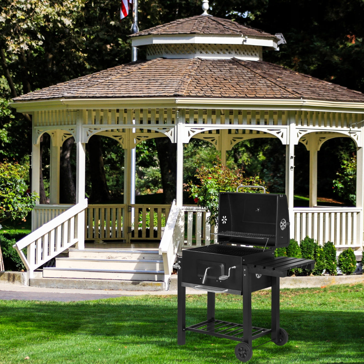 CHARCOAL GRILL LARGE GARDEN WITH THERMOMETER COVER SHELVES LOCKABLE+BLOWER Manufacturer MalTec