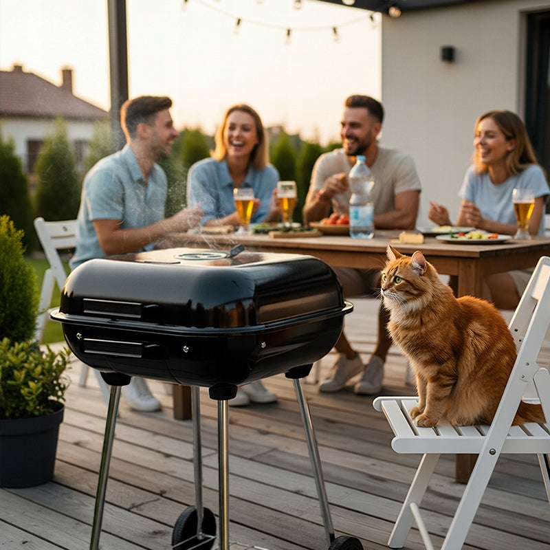 CHARCOAL GRILL LOCKABLE GARDEN WITH CASTER COVER PORTABLE BLACK GRIL BBQ Grill height 70 cm