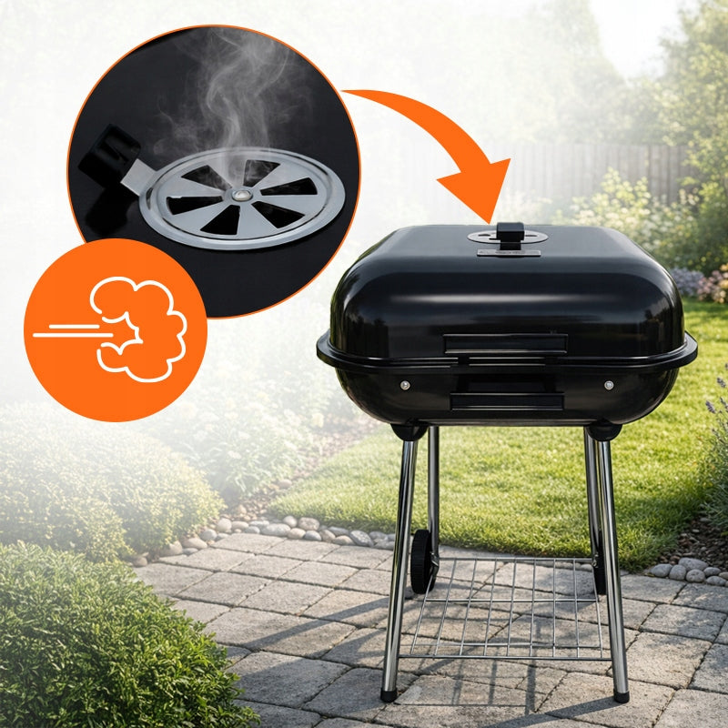CHARCOAL GRILL LOCKABLE GARDEN WITH CASTER COVER PORTABLE BLACK GRIL BBQ Grill width 46 cm
