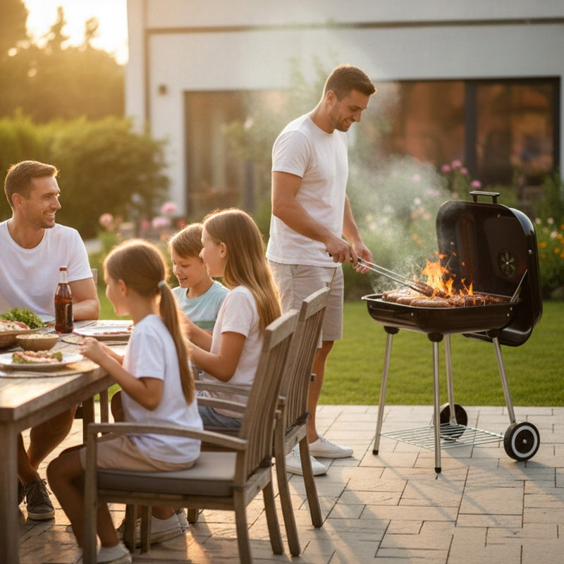 CHARCOAL GRILL LOCKABLE GARDEN WITH CASTER COVER PORTABLE BLACK GRIL BBQ Packaging status original
