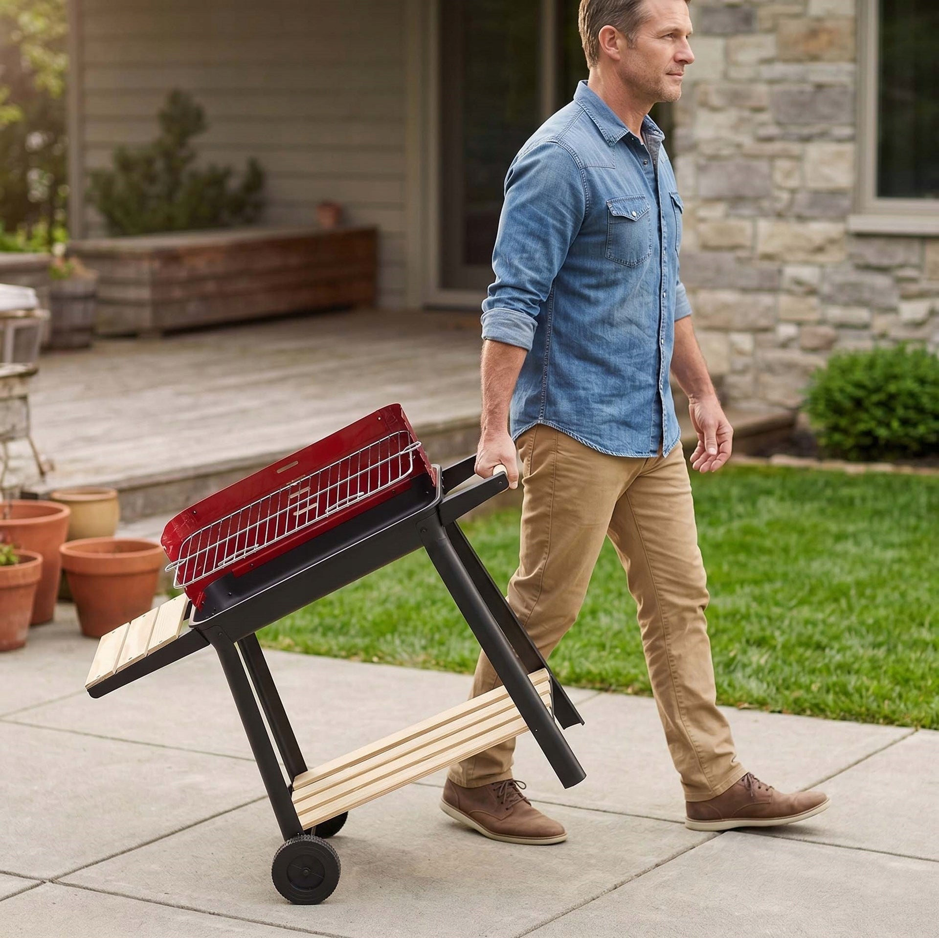 CHARCOAL GRILL PORTABLE GARDEN WITH WHEELS GRATE ADJUSTABLE 5 LEVELS BBQ Grill width 85 cm