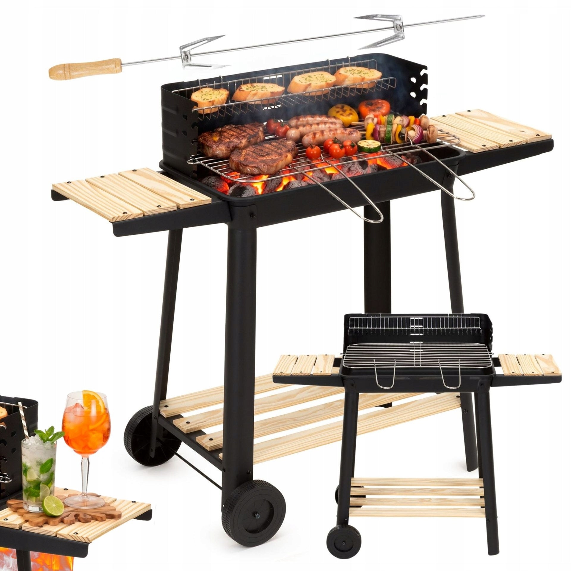 CHARCOAL GRILL PORTABLE GARDEN WITH WHEELS GRATE ADJUSTABLE SHELF SPIT BBQ Grate length 48 cm