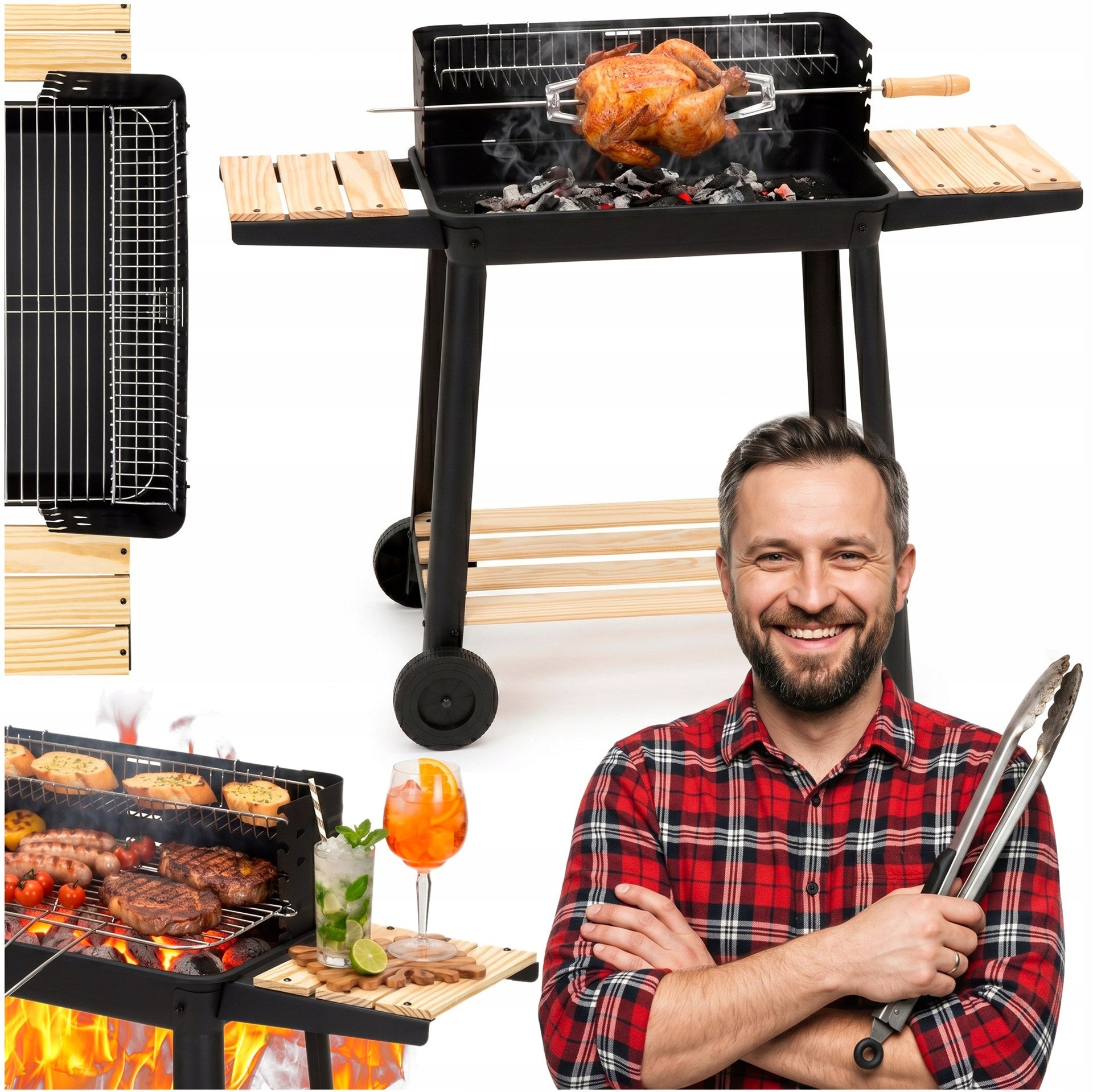 CHARCOAL GRILL PORTABLE GARDEN WITH WHEELS GRATE ADJUSTABLE SHELF SPIT BBQ Grate width 27 cm