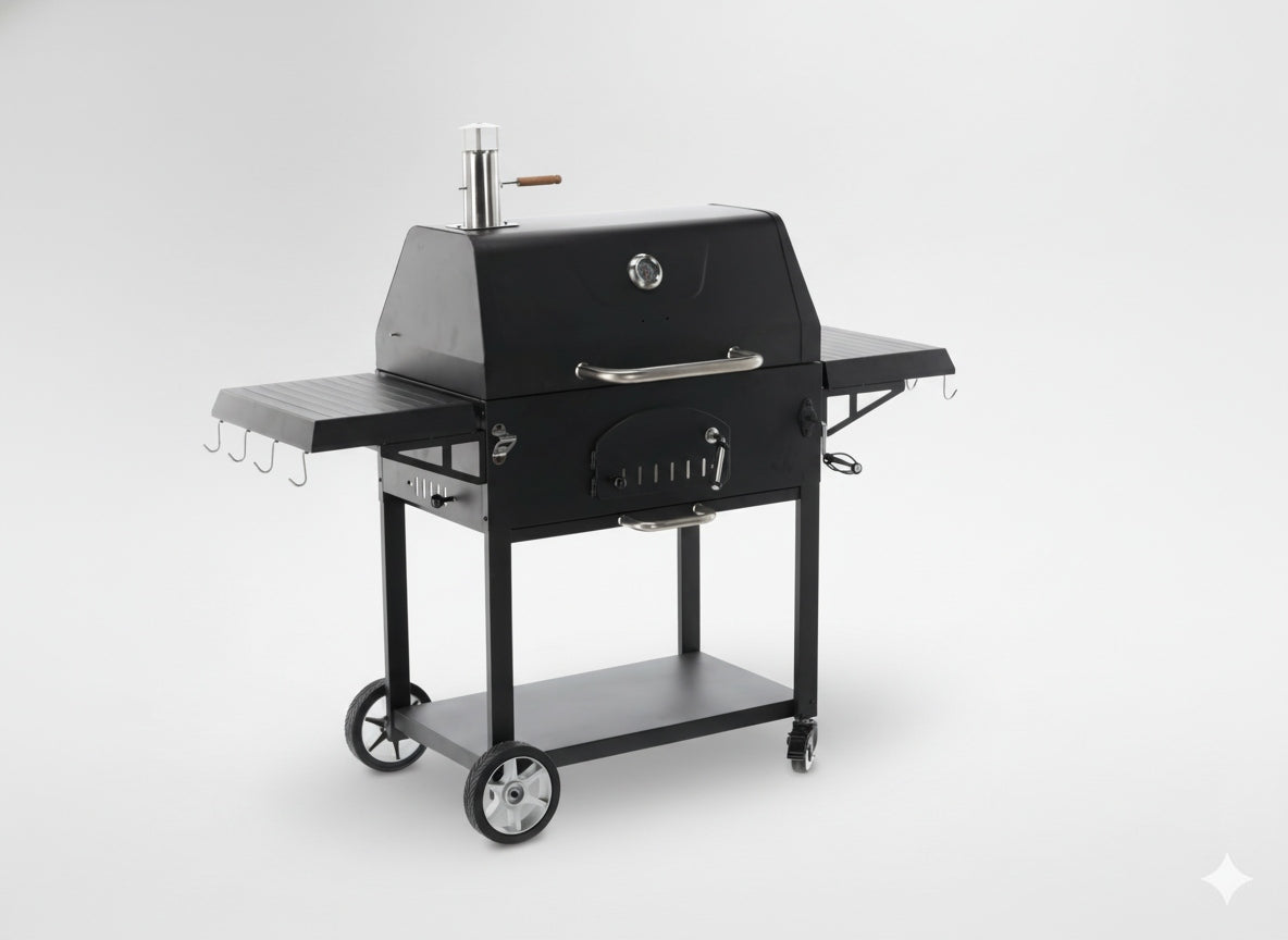 CHARCOAL GRILL "VULCANO" WITH LID, CAST IRON GRATE AND WHEELS WITH COUNTERTOP Grill depth 65 cm