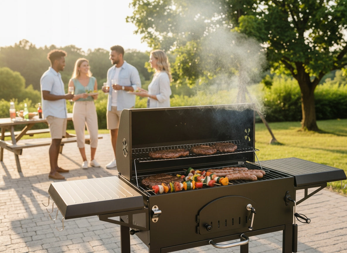 CHARCOAL GRILL "VULCANO" WITH LID, CAST IRON GRATE AND WHEELS WITH COUNTERTOP Grill height 137 cm